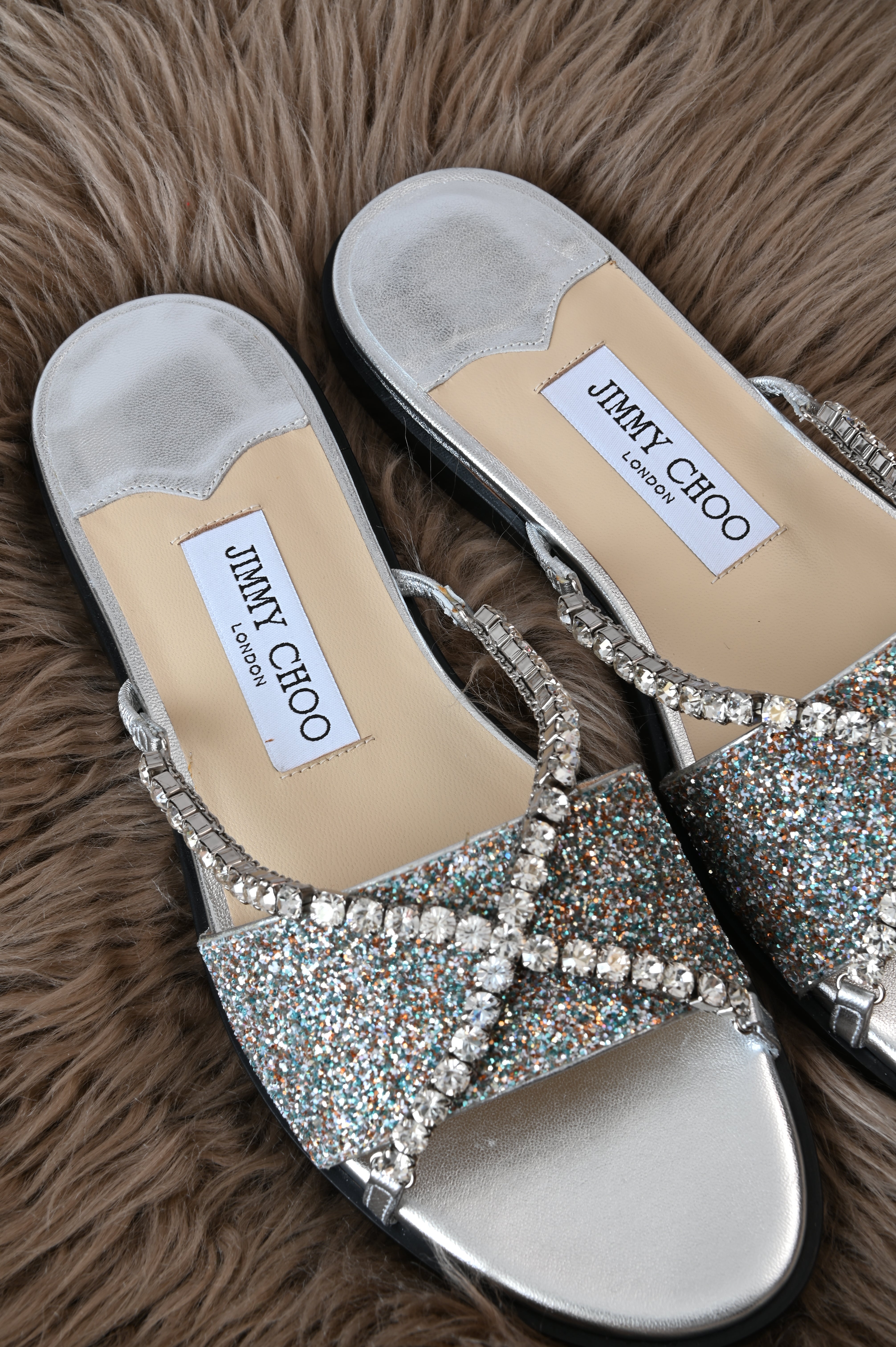 Jimmy Choo Aadi embellished glittered sandals logo