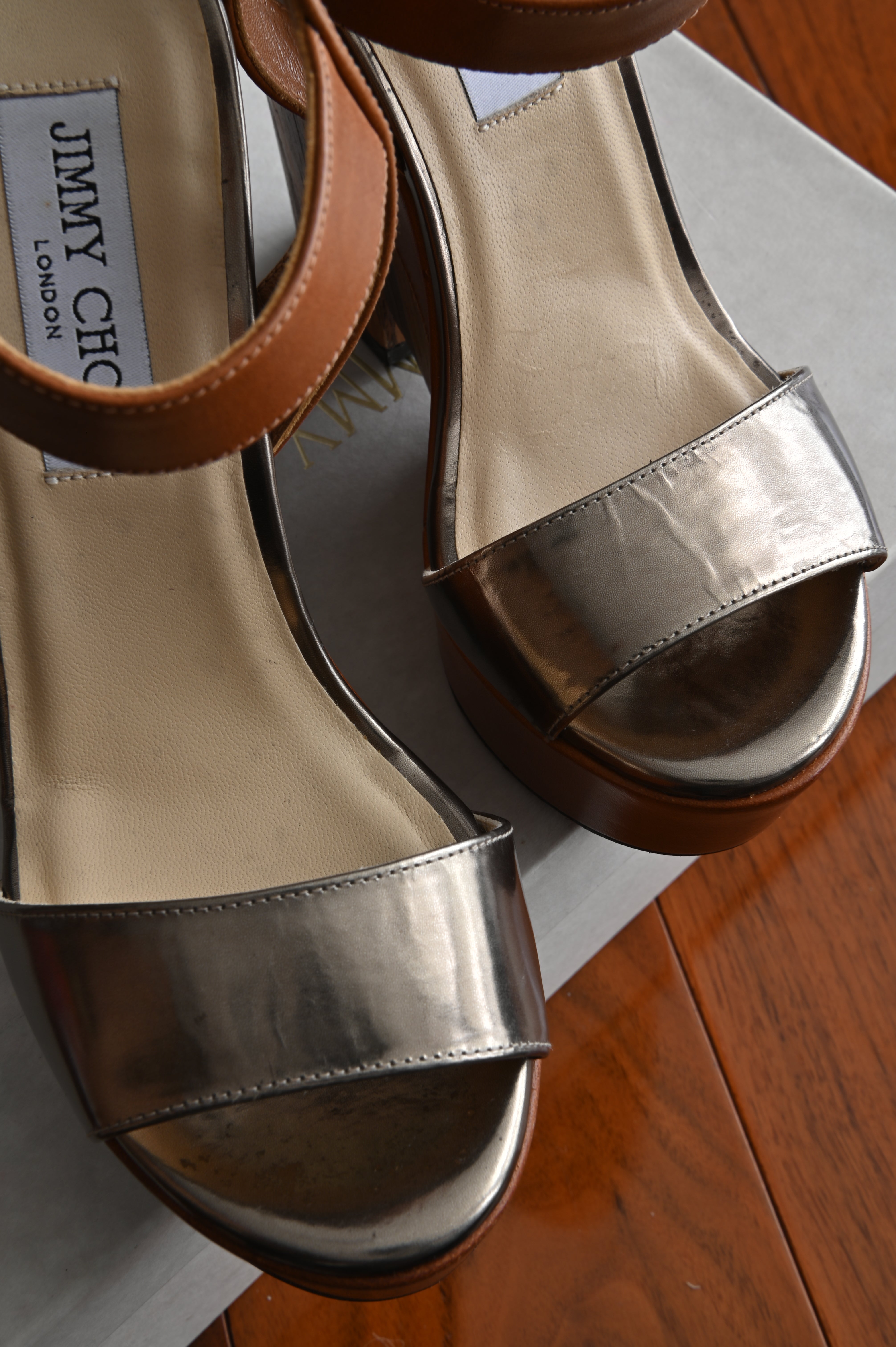 Jimmy Choo Gold Block Heeled Wedges front detail