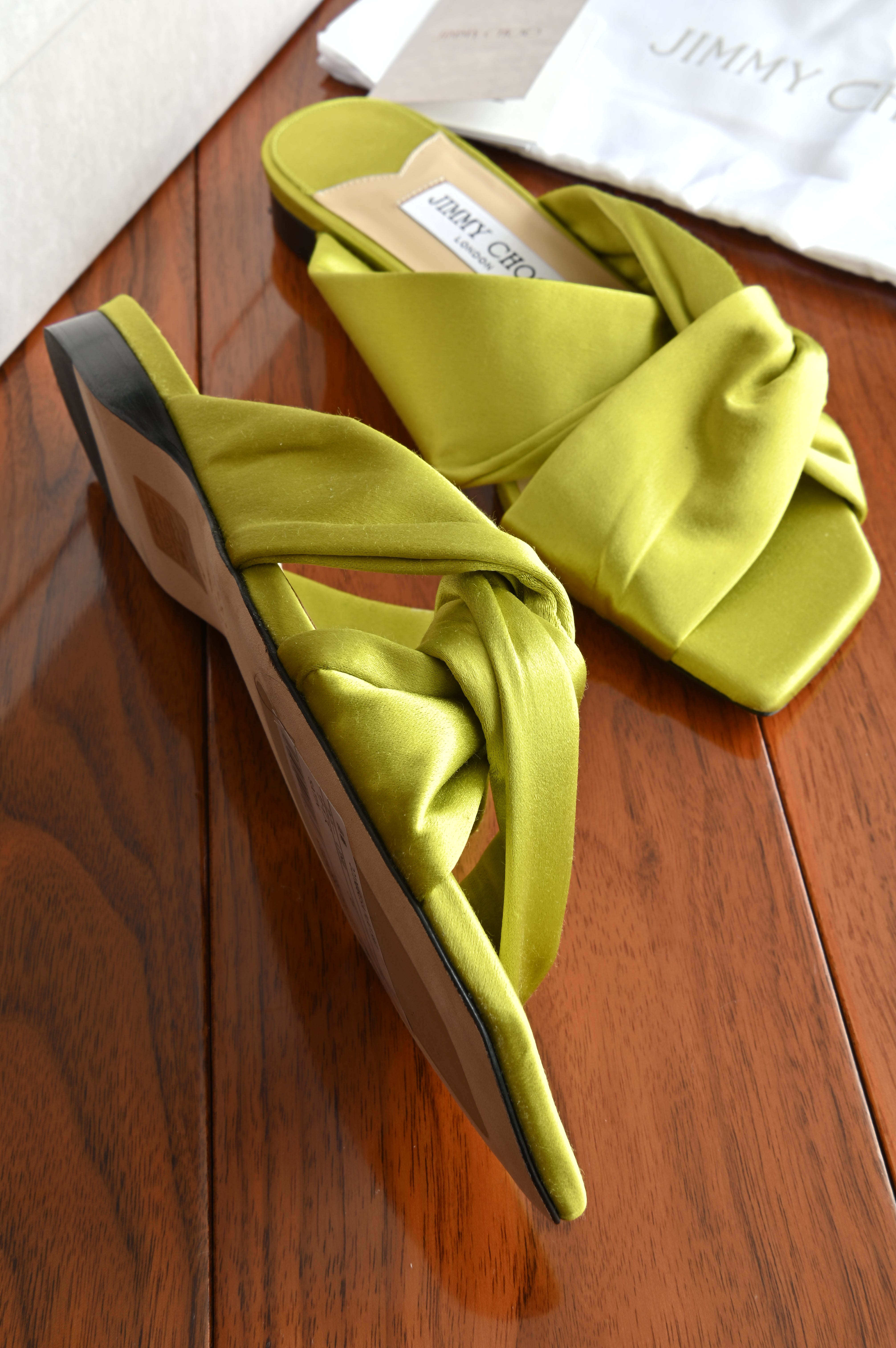 Jimmy Choo Lime Green Satin Flats right