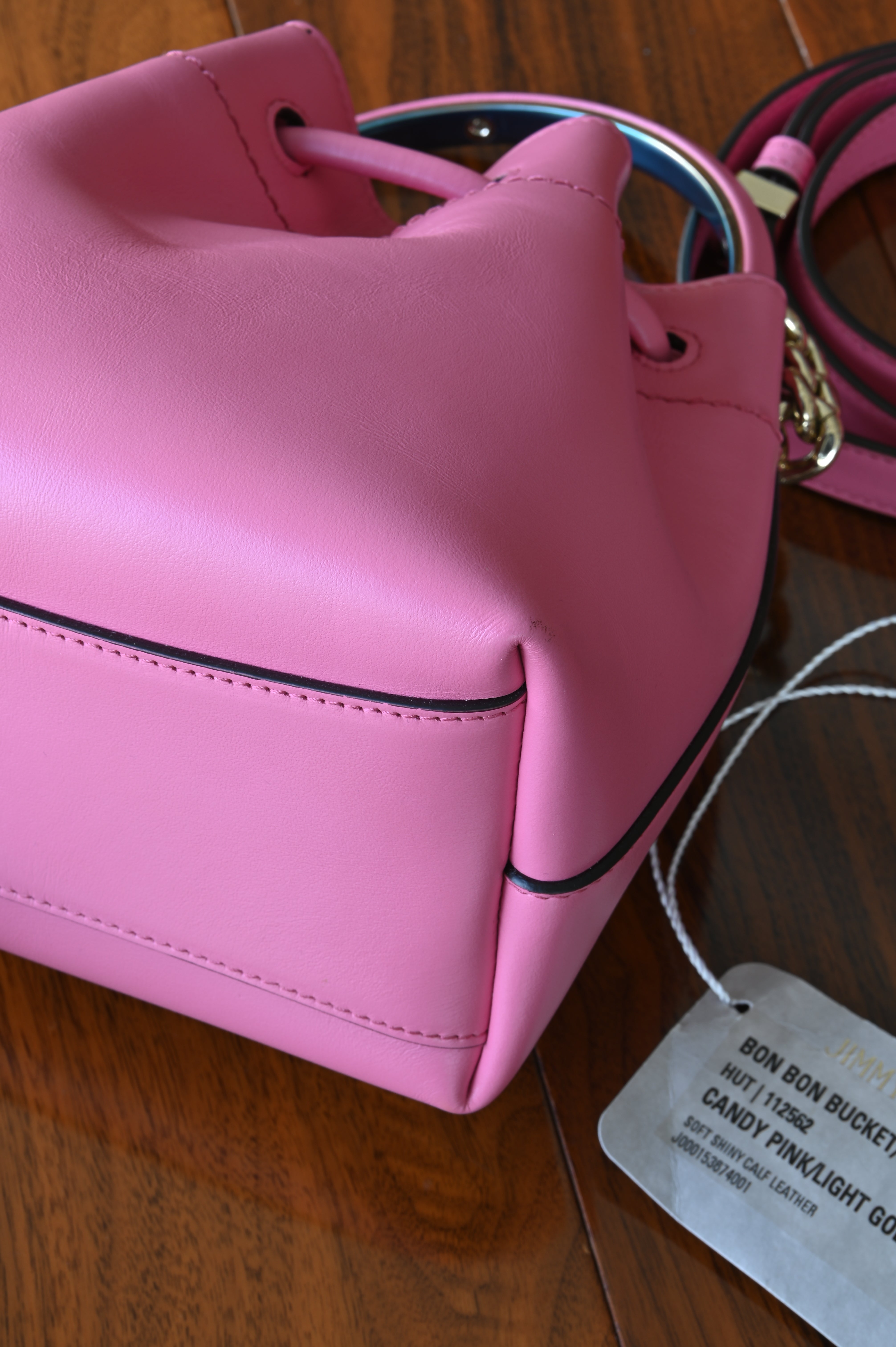 Jimmy Choo Pink Bon Bon Bucket Bag back angle