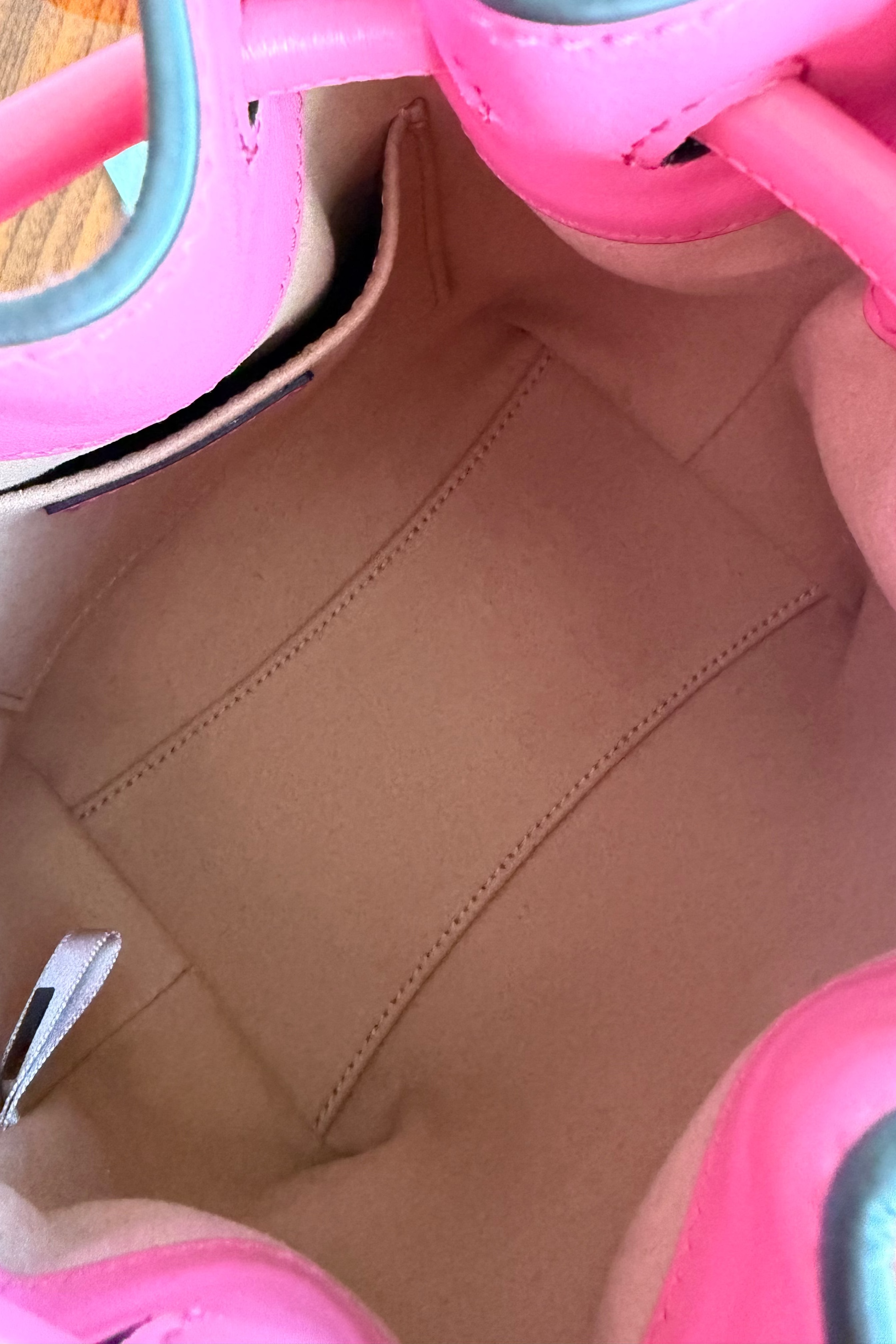 Jimmy Choo Pink Bon Bon Bucket Bag inside