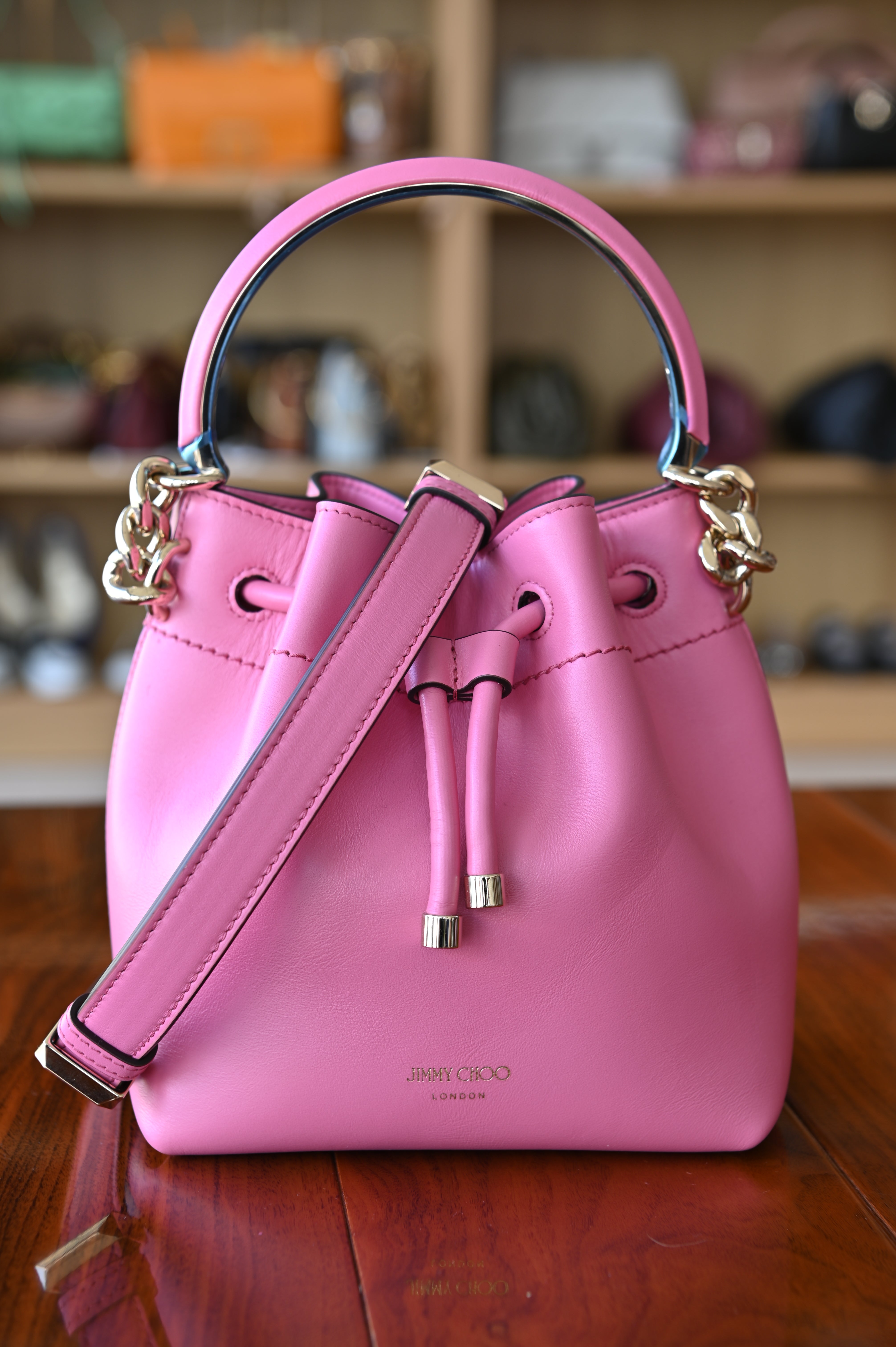 Jimmy Choo Pink Bon Bon Bucket Bag strap