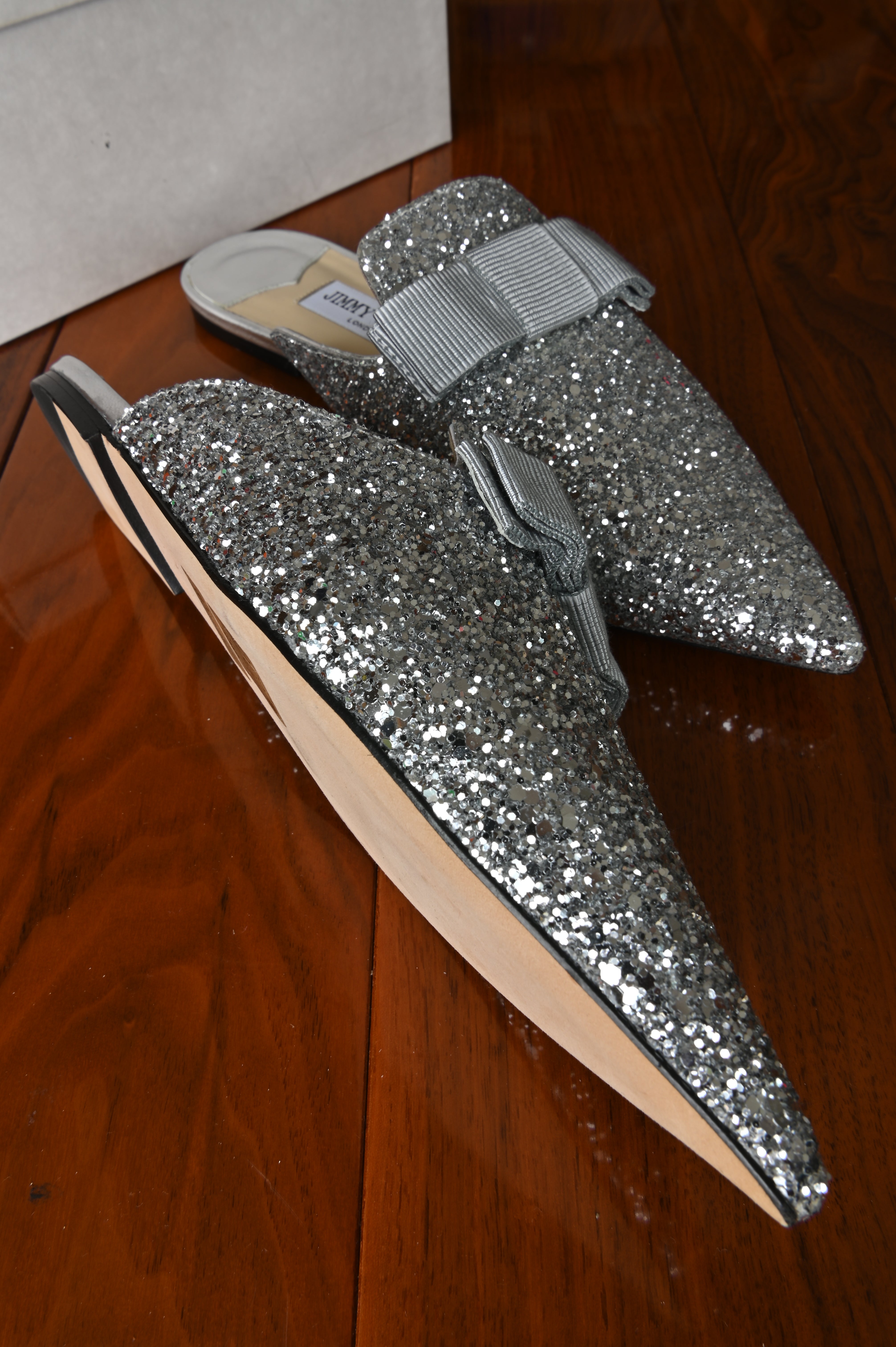 Jimmy Choo Silver Flat Mules left