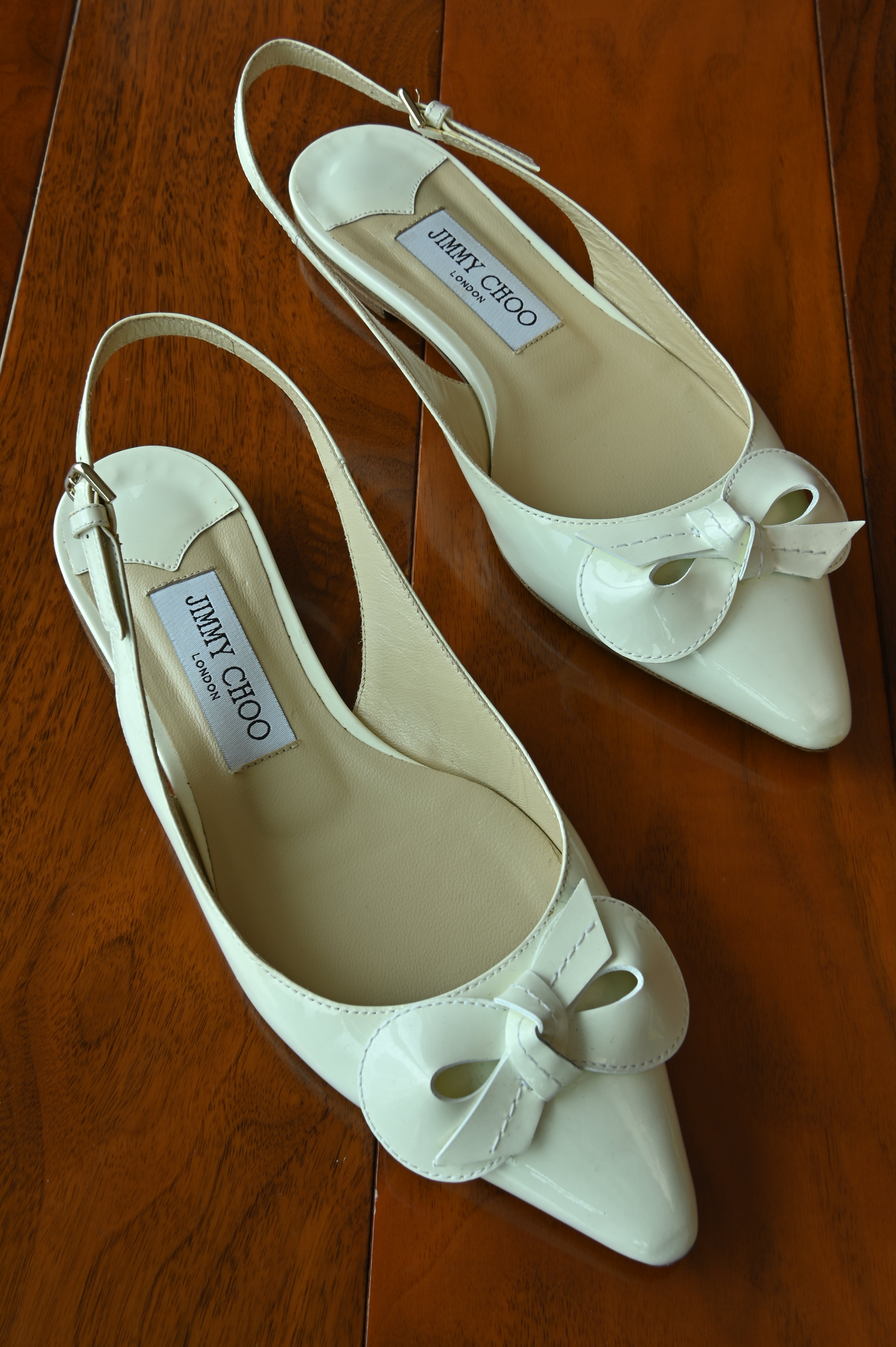 Jimmy Choo White Patent Bow Slingback Flats