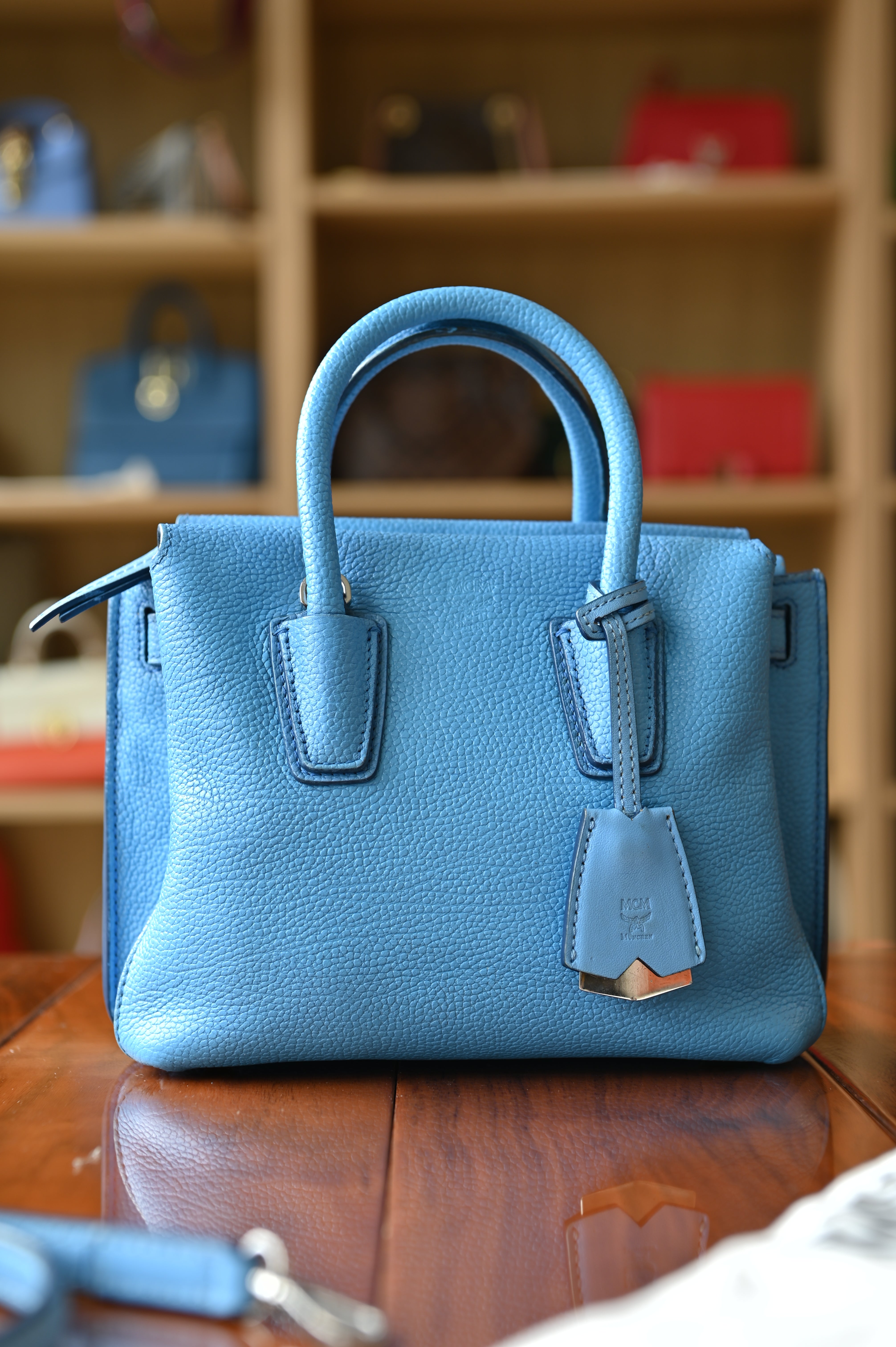 MCM Light Blue Grained Leather Milla Tote