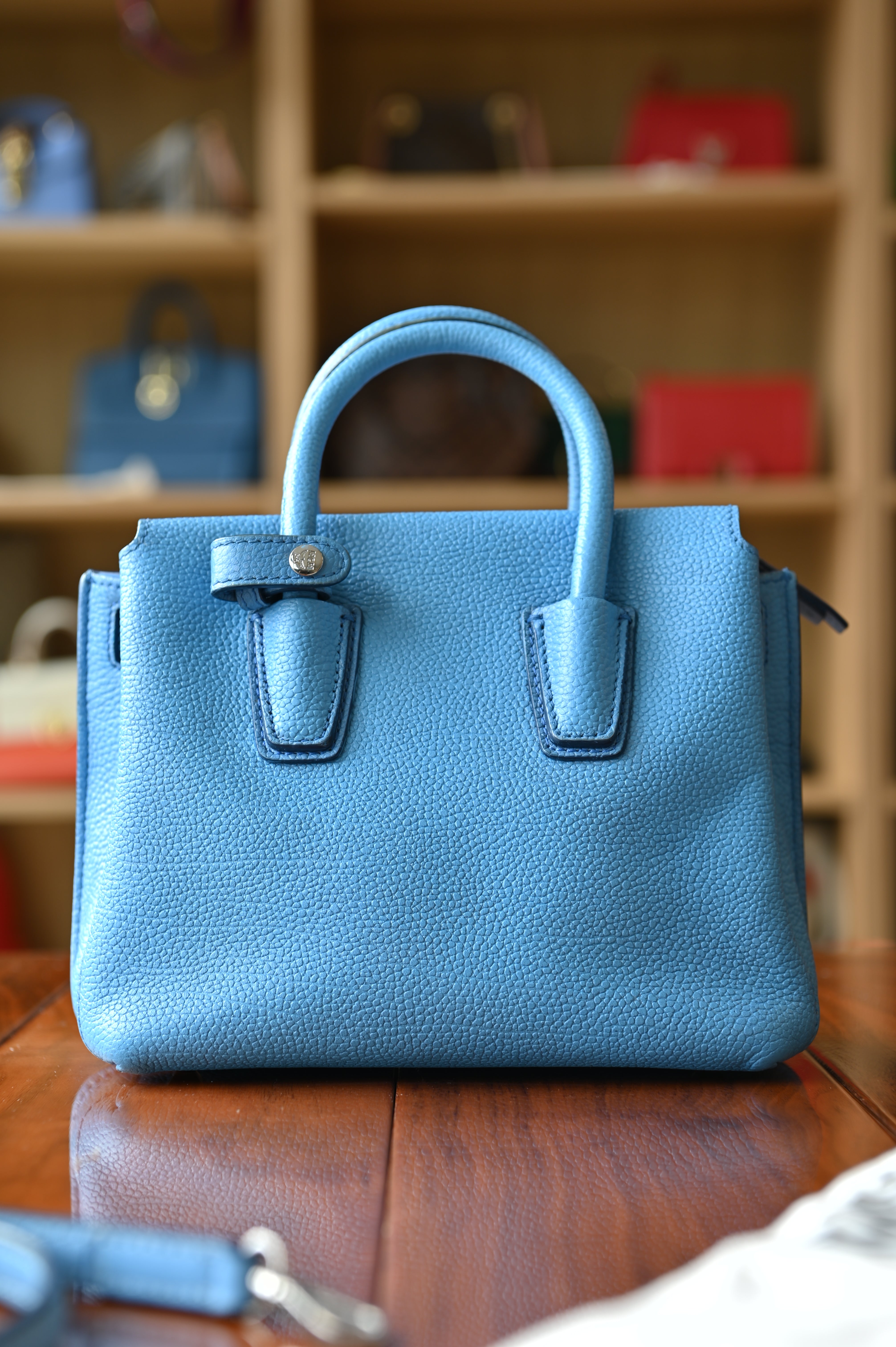 MCM Light Blue Grained Leather Milla Tote back