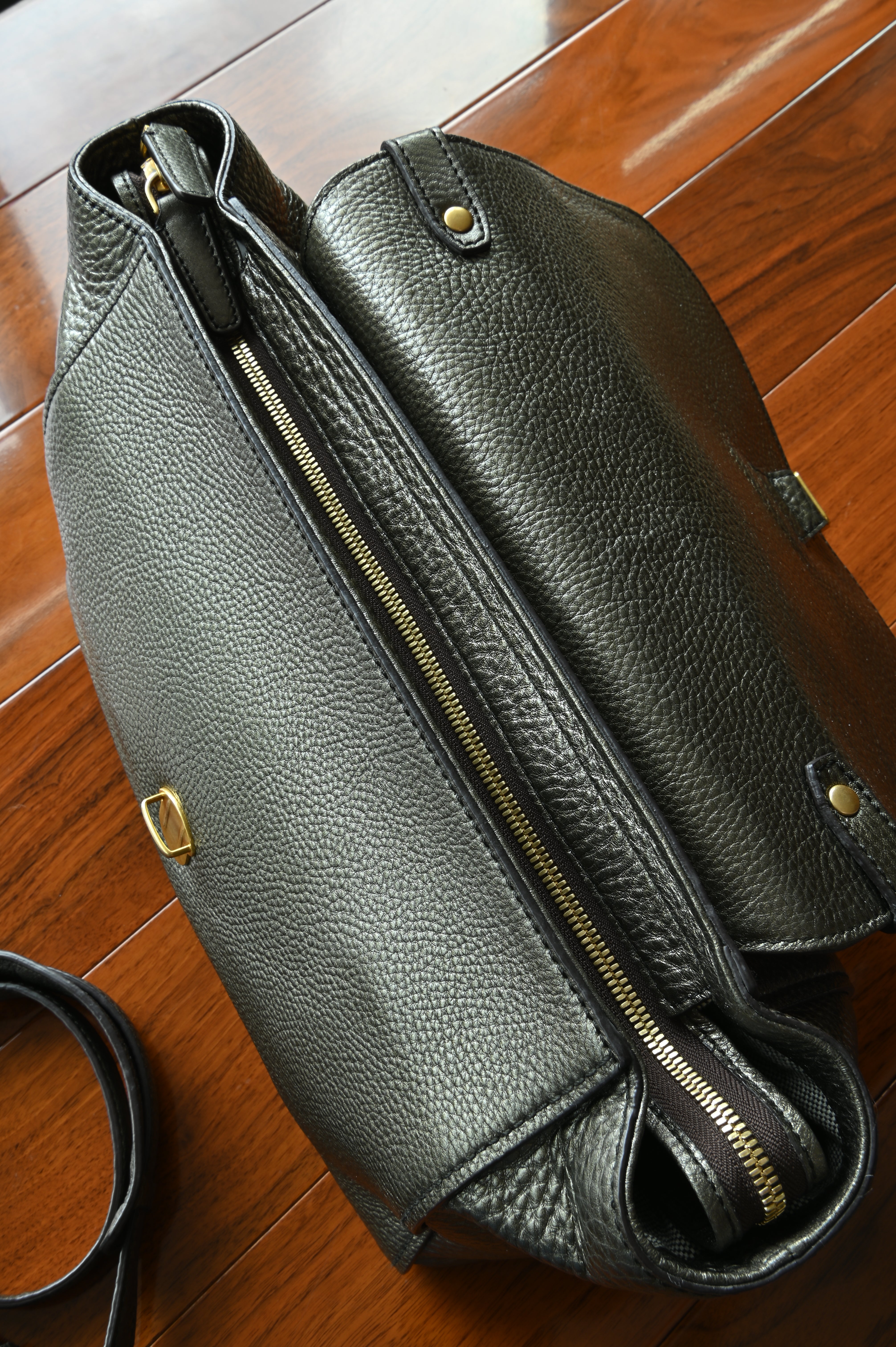 MCM Metallic Gold First Lady Satchel Bag flap