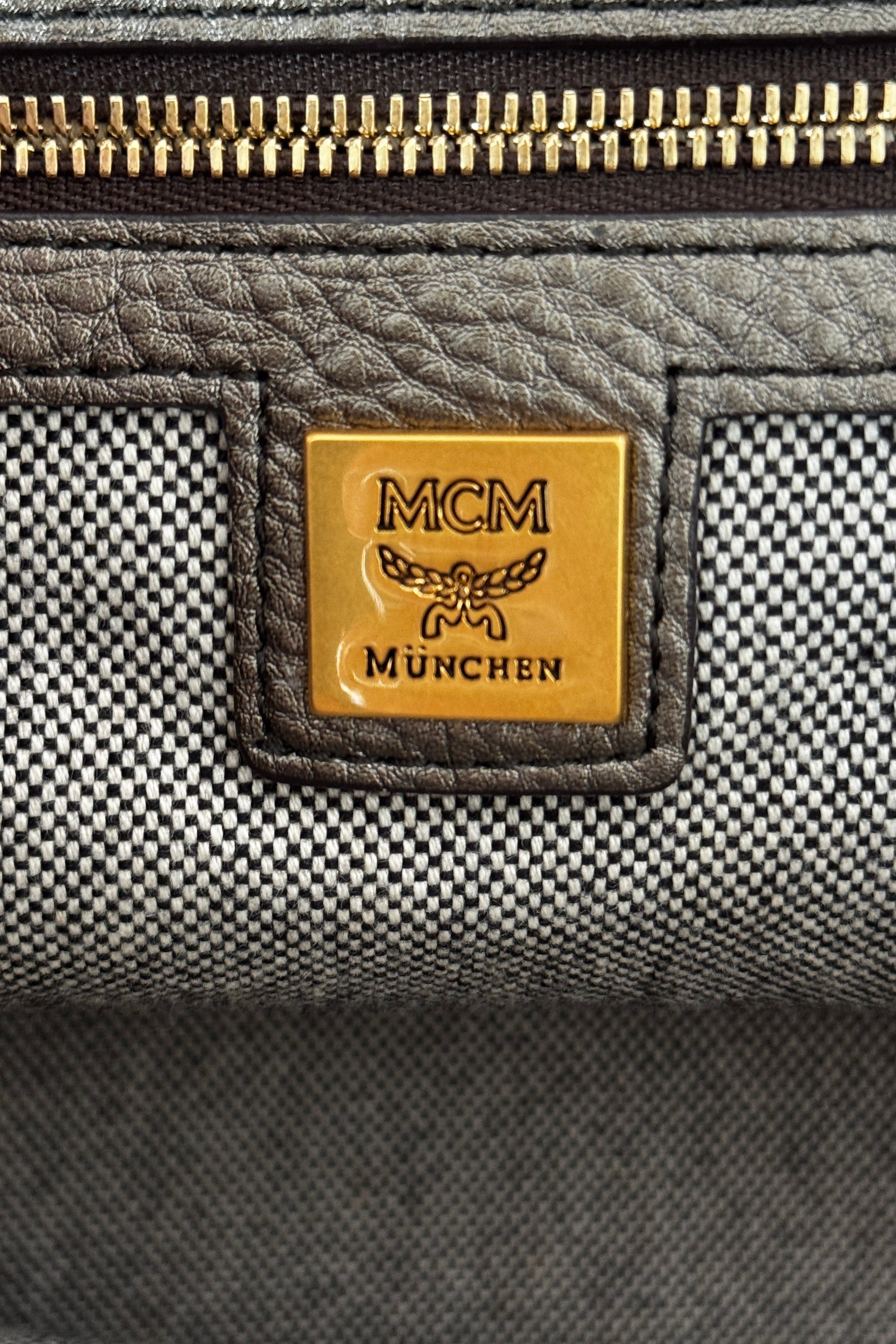 MCM Metallic Gold First Lady Satchel Bag logo