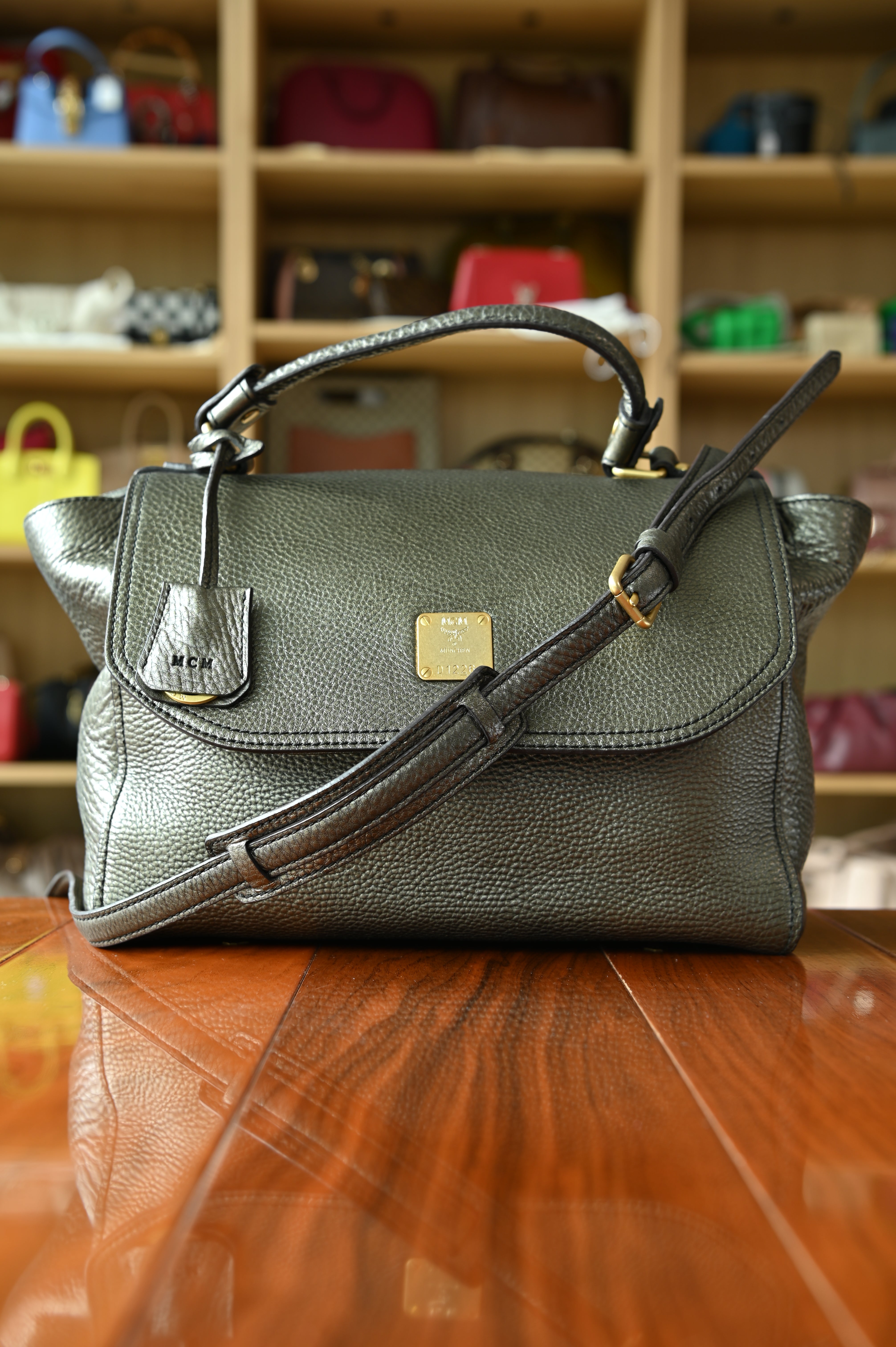MCM Metallic Gold First Lady Satchel Bag strap