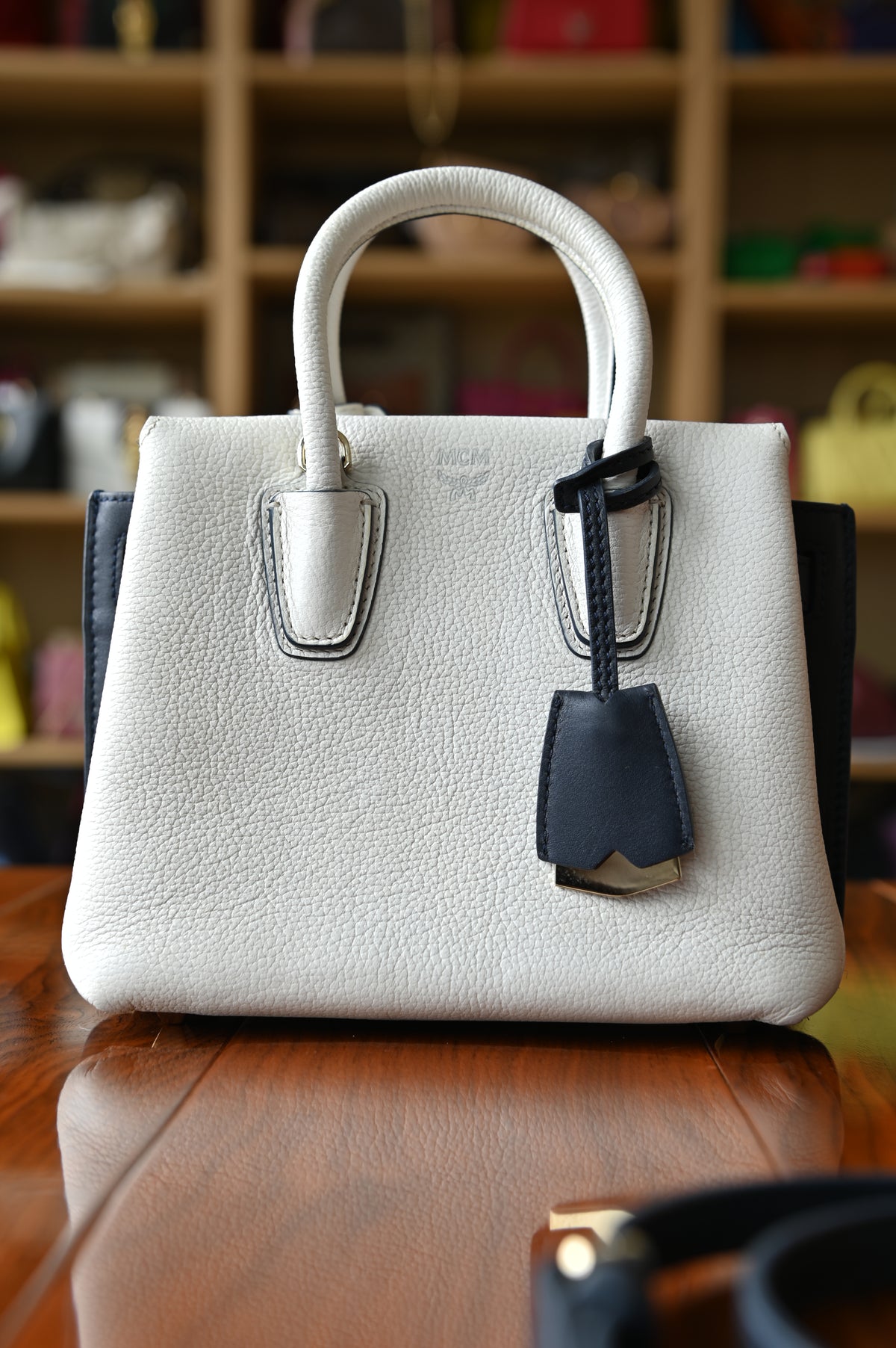 MCM White Navy Blue Grained Calf Top Handle Bag