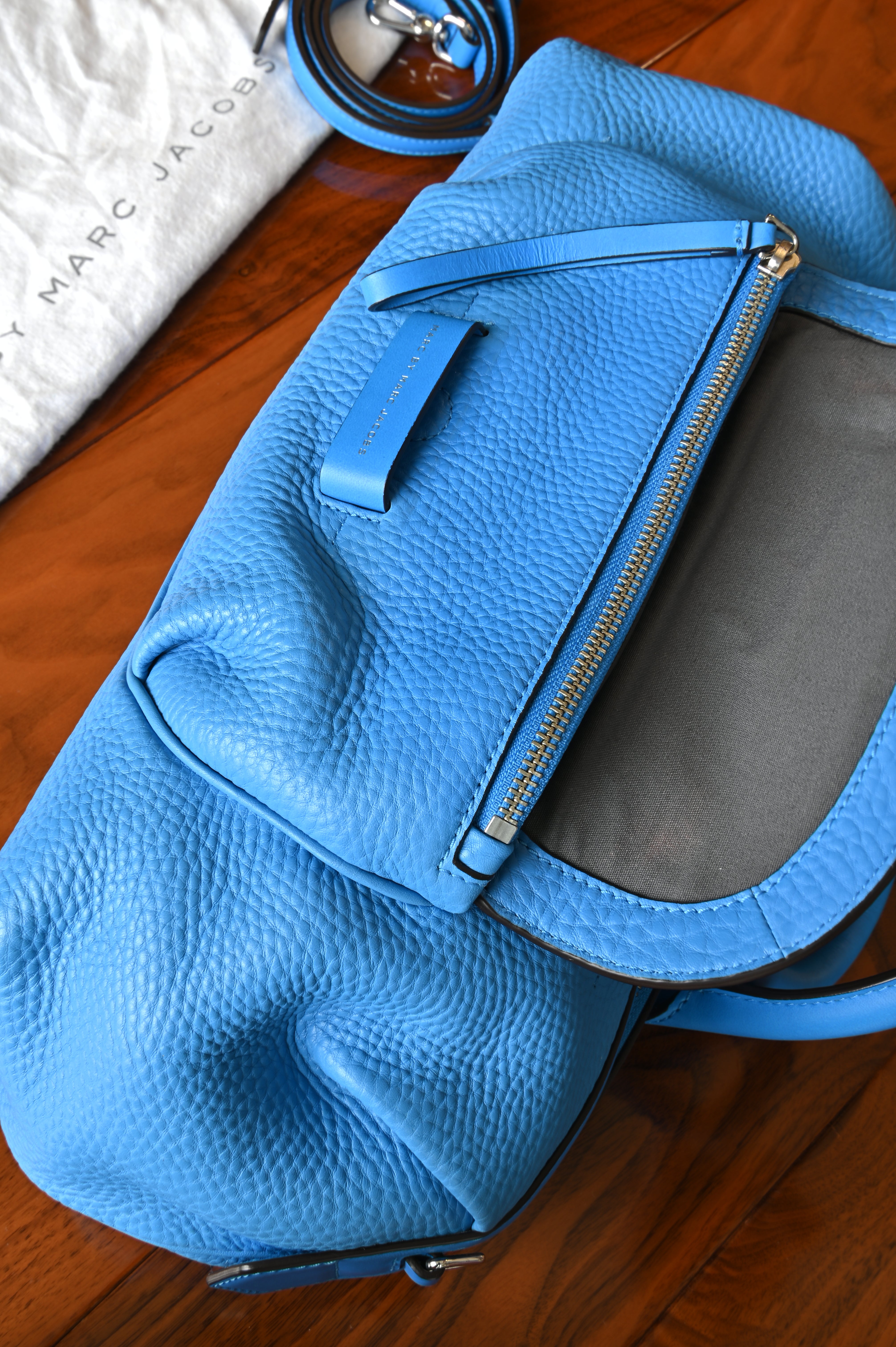 Marc Jacobs Blue Half Pipe Duffel Satchel front pocket