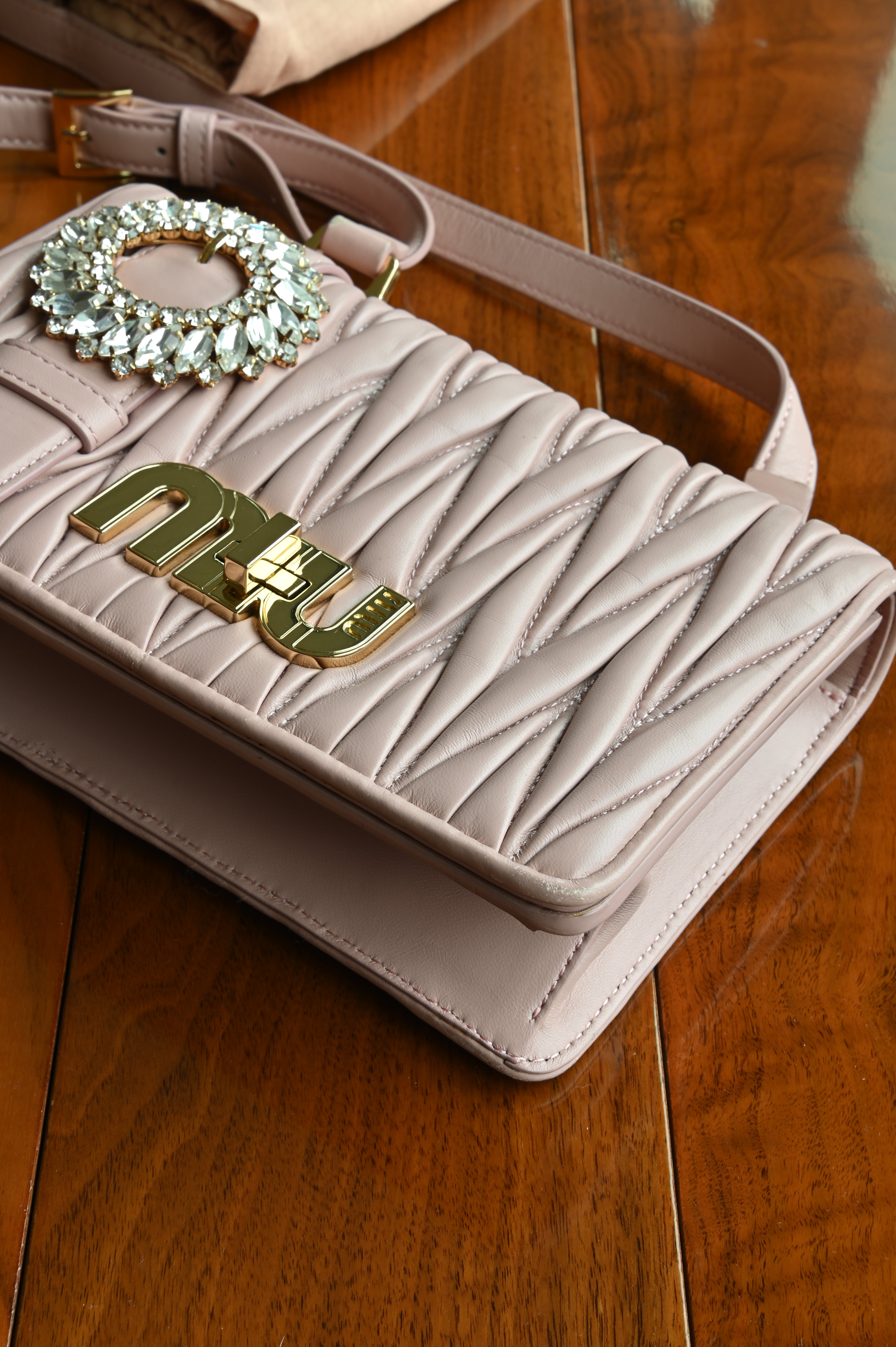 Miu Miu Pink Metalasse Crystal Bag angle two