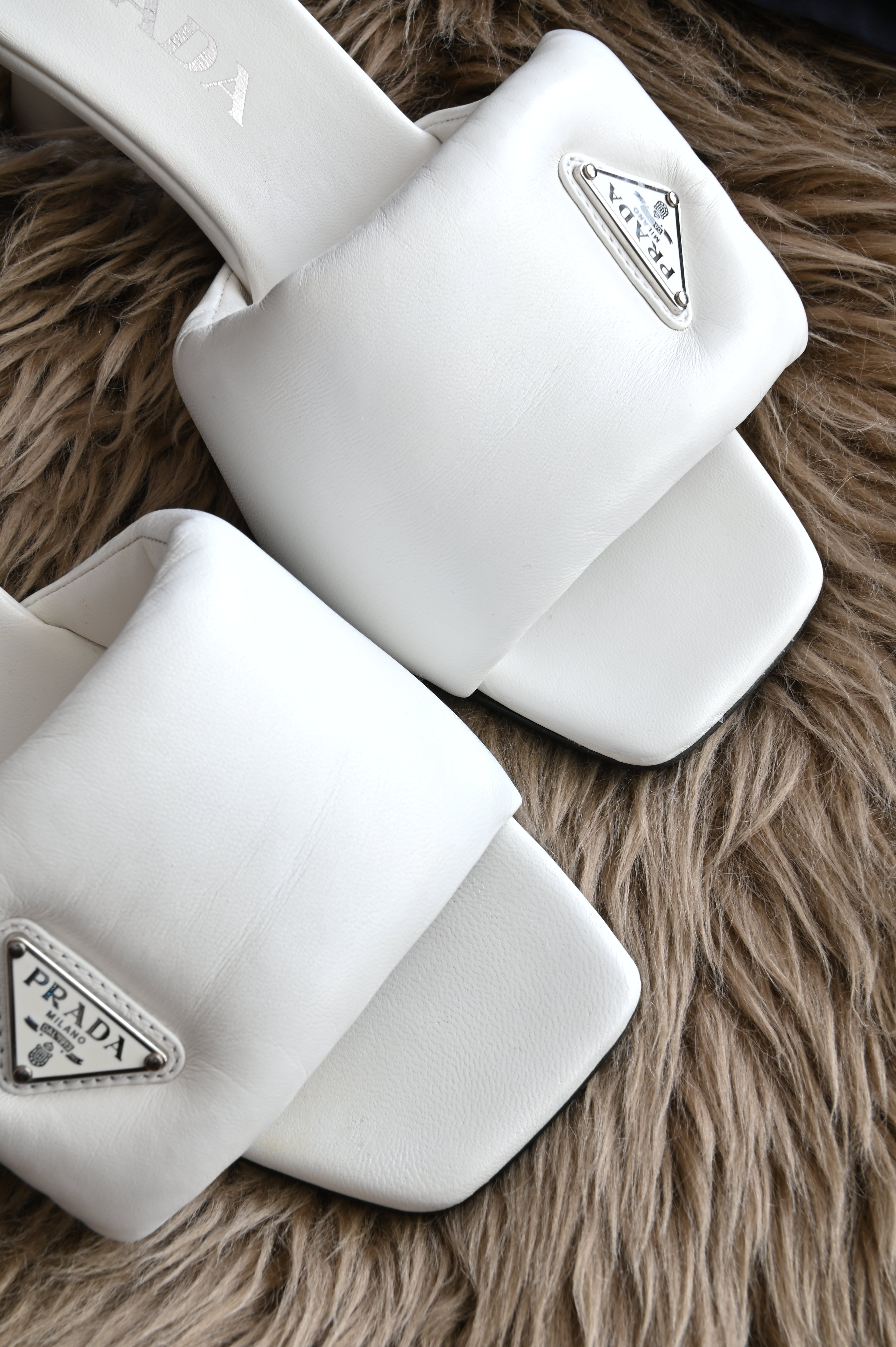 Prada White Padded Cushion Heels front close up