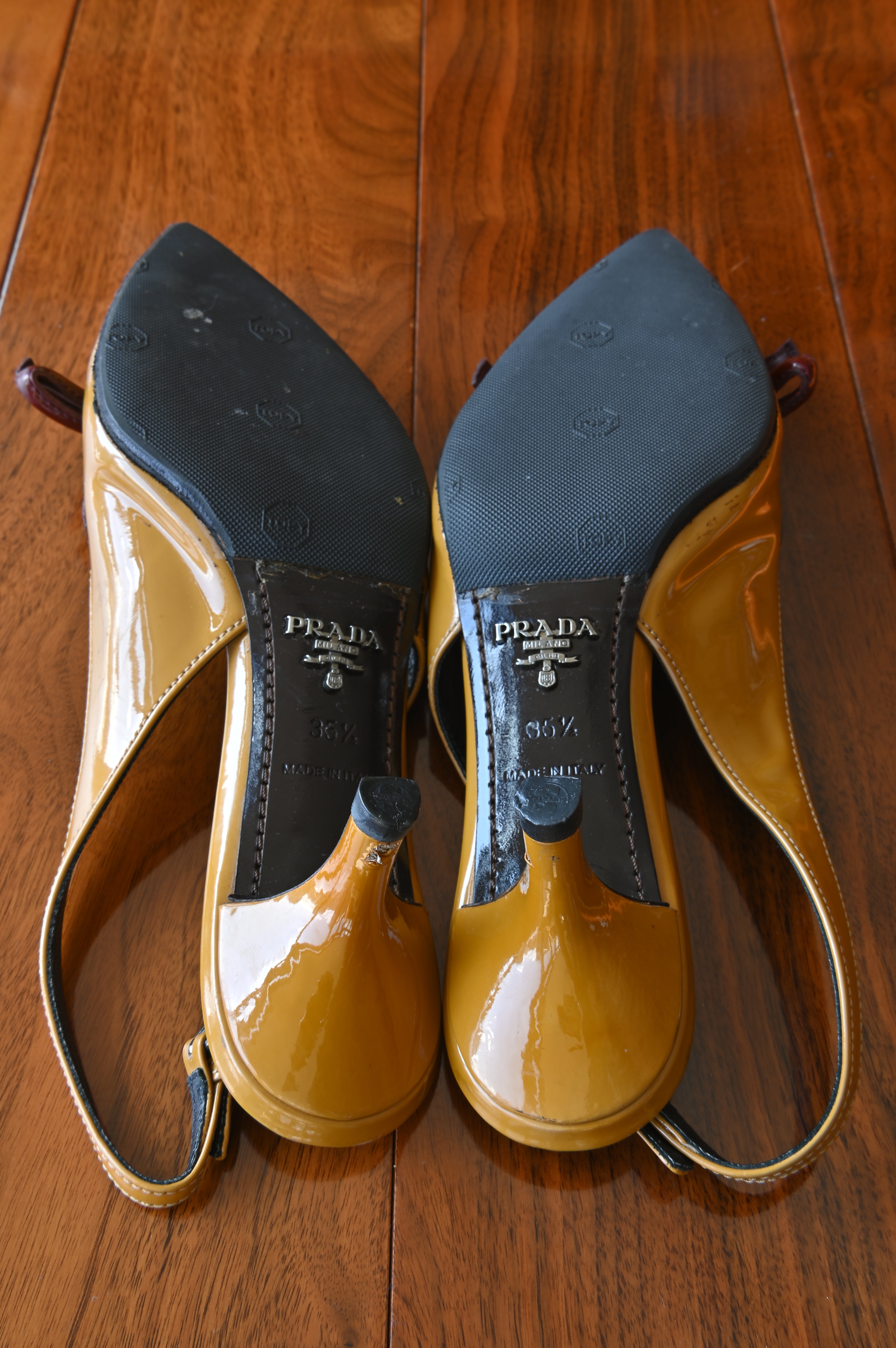 Prada Yellow Red Patent Bow Heels bottom