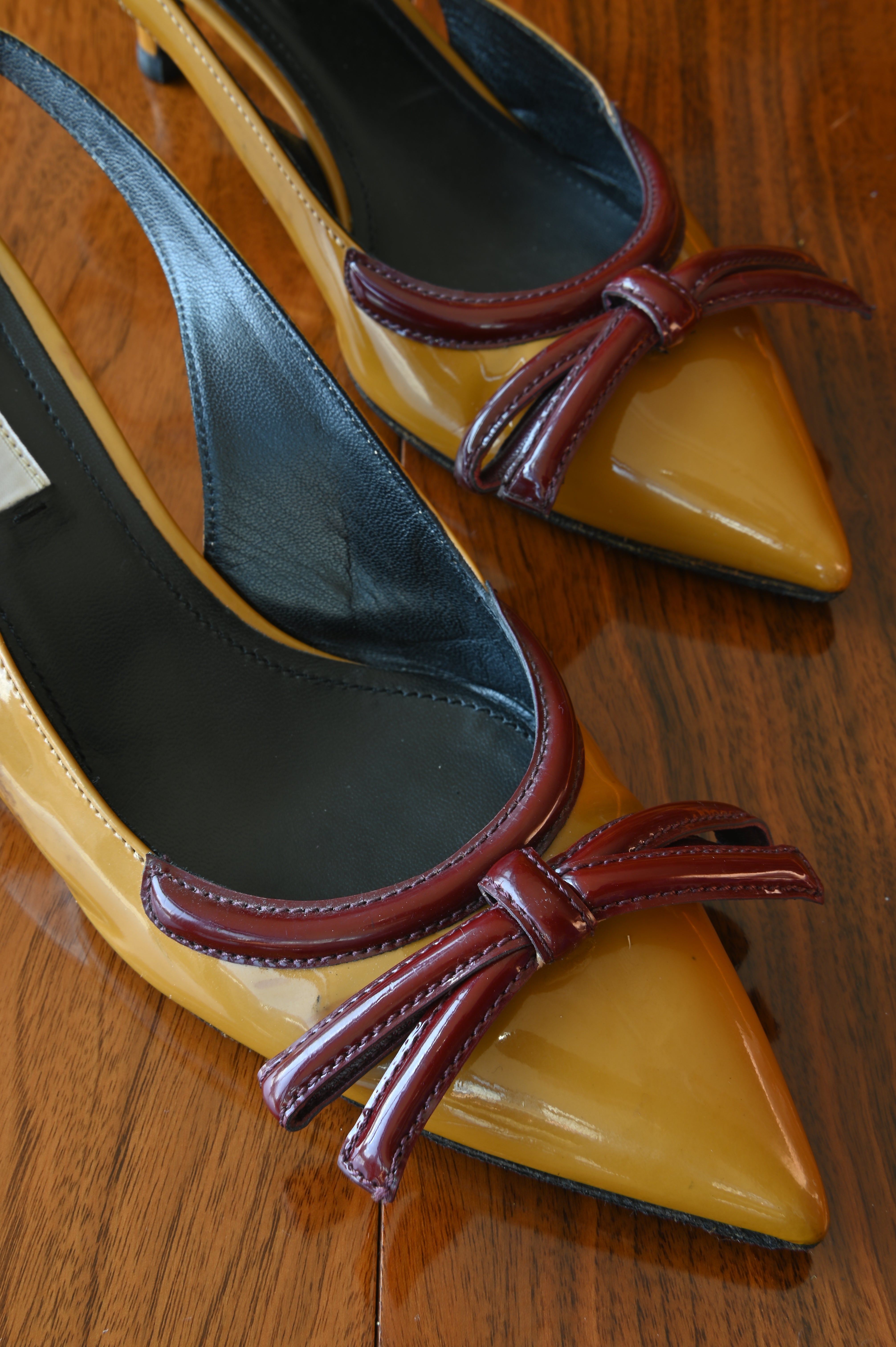 Prada Yellow Red Patent Bow Heels front