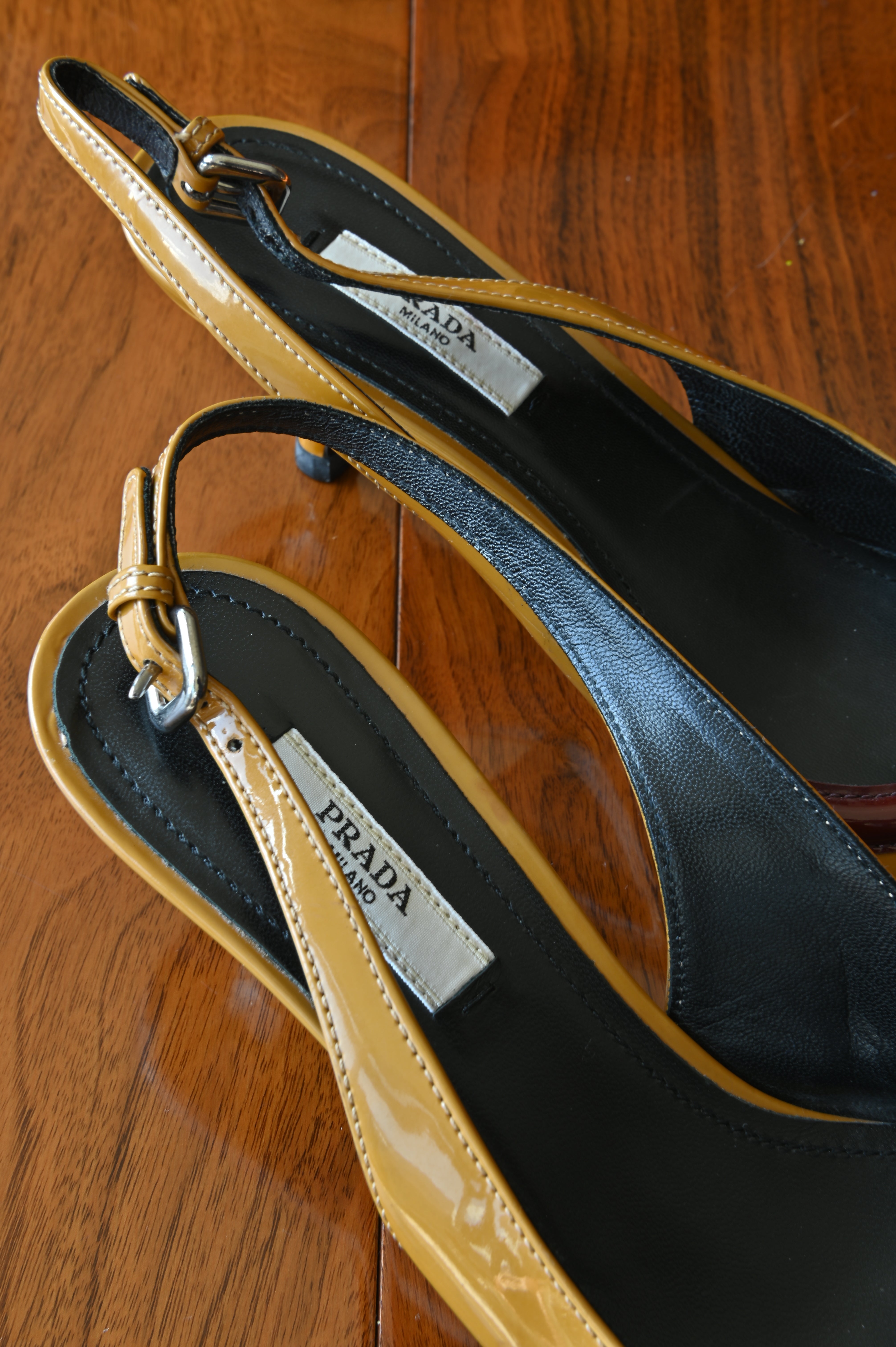 Prada Yellow Red Patent Bow Heels logo