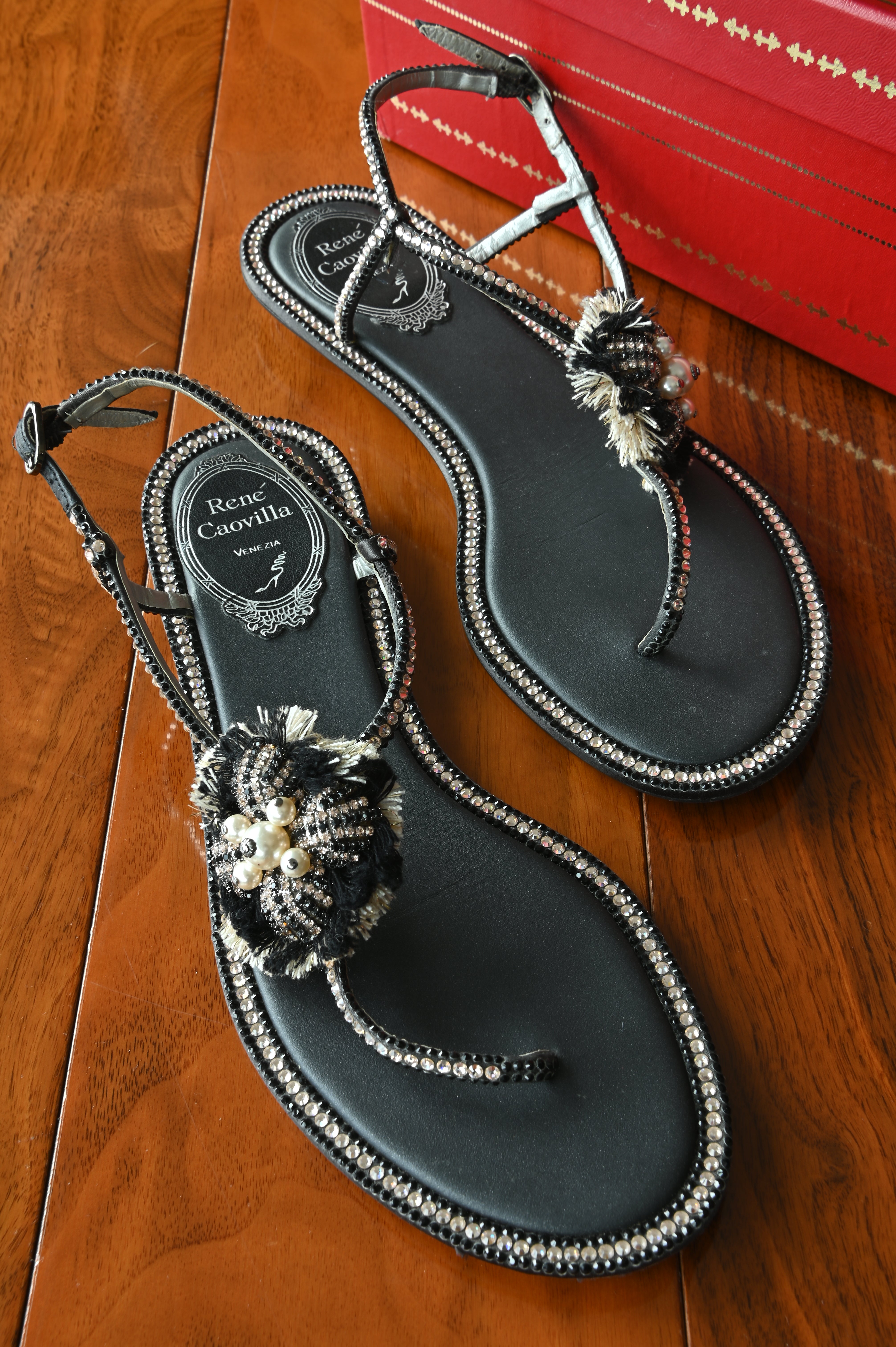 René Caovilla Black Crystal Flower Thong Flats