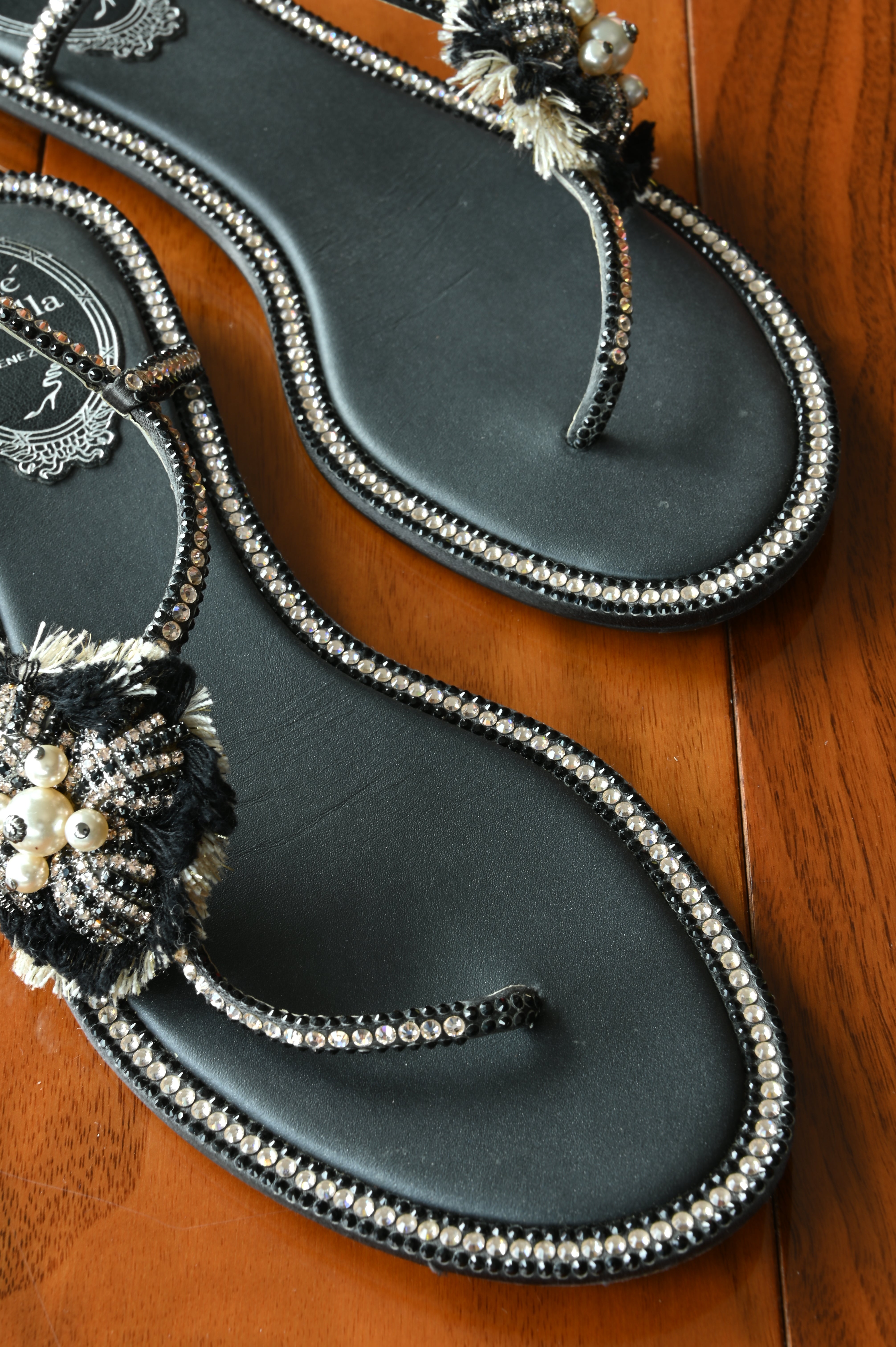 René Caovilla Black Crystal Flower Thong Flats front