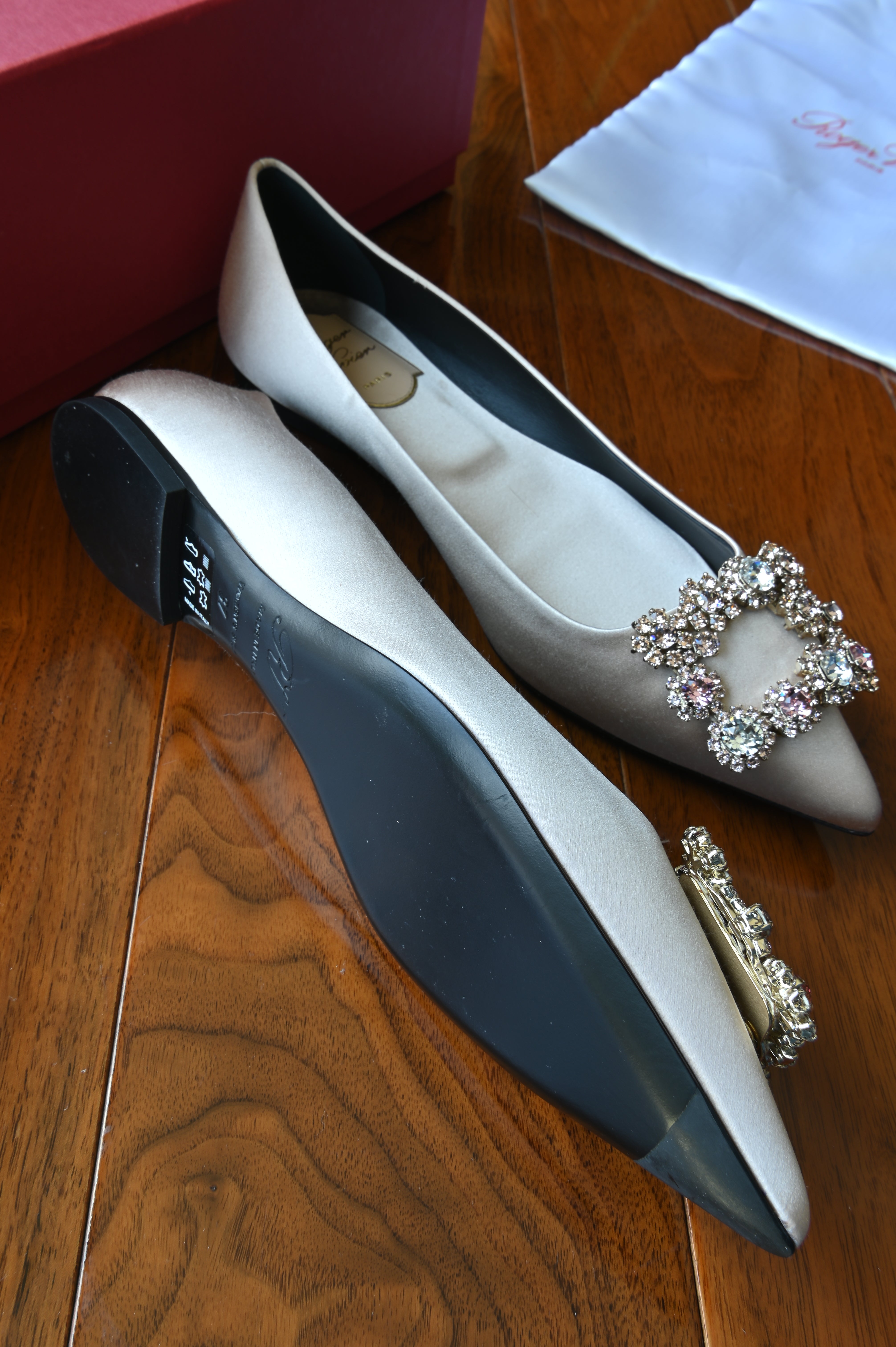 Roger Vivier Beige Satin Crystal Buckle Pumps left