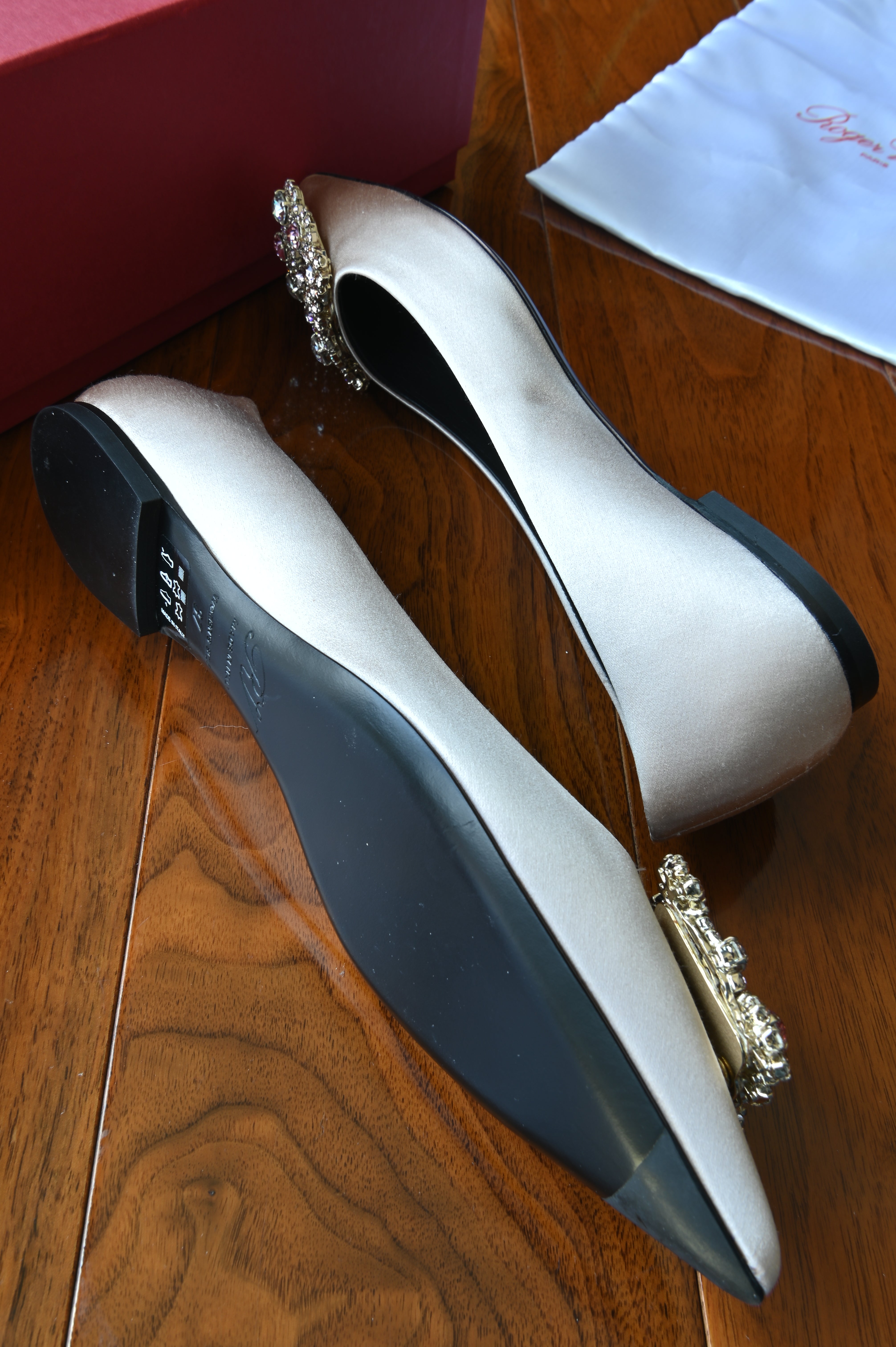 Roger Vivier Beige Satin Crystal Buckle Pumps side