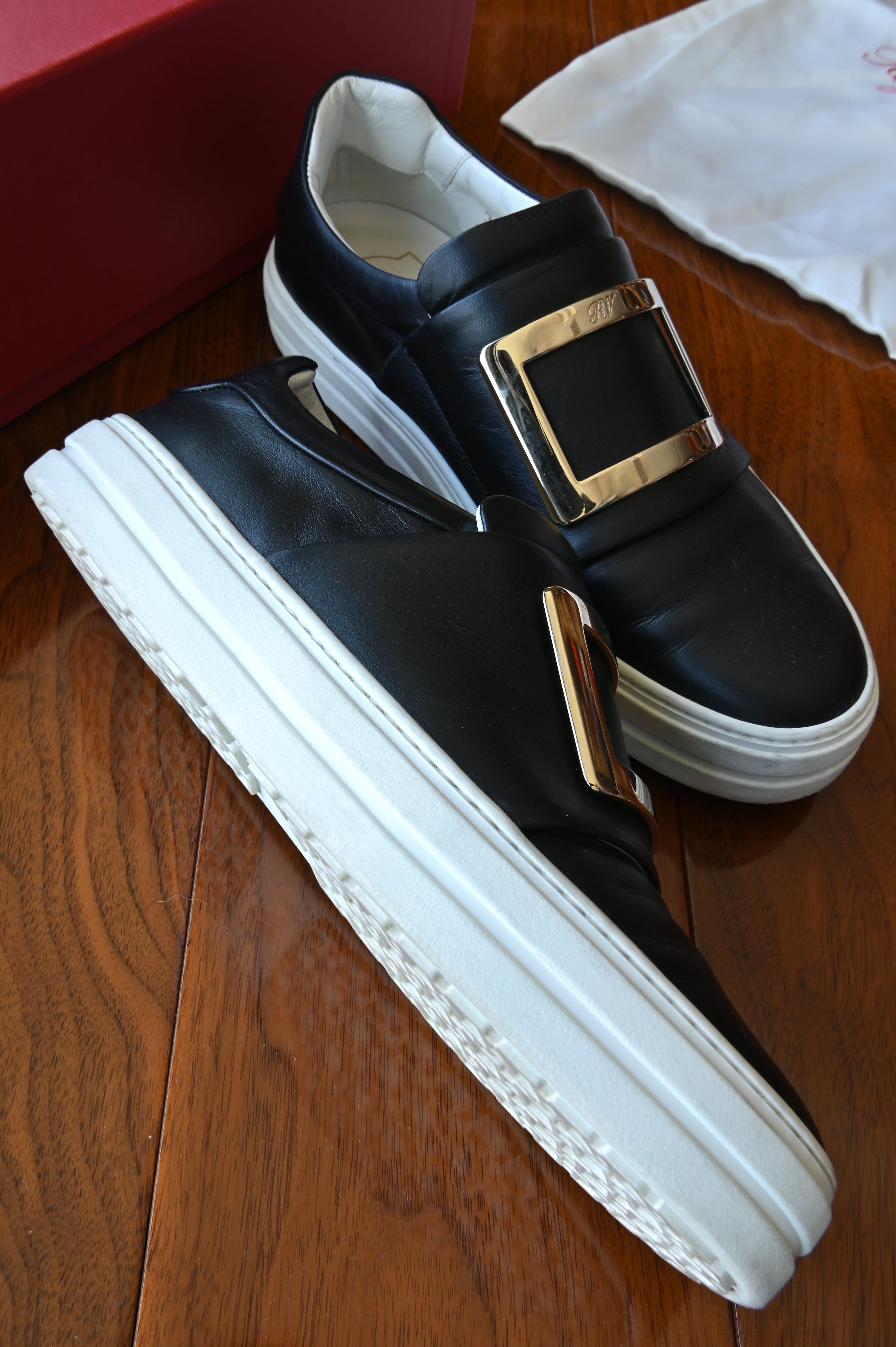 Roger Vivier Black Gold. Buckle Slip On Shoes left