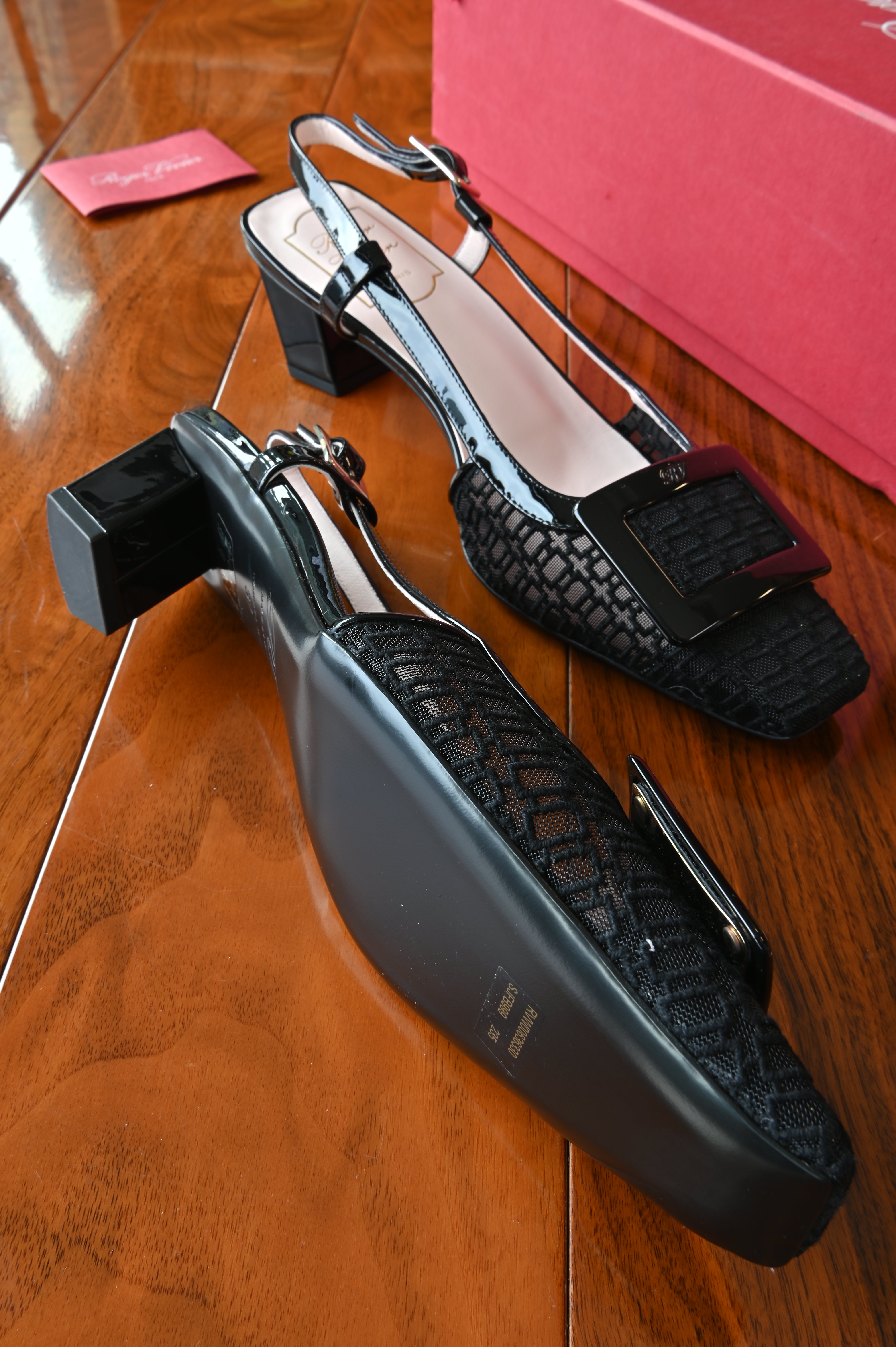 Roger Vivier Black Mesh and Leather Slingback Pumps left