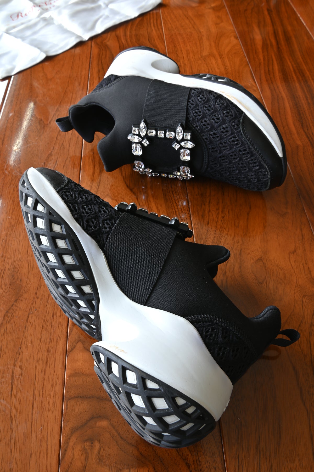 Roger Vivier Black Satin Crystal Buckle Sneakers side two