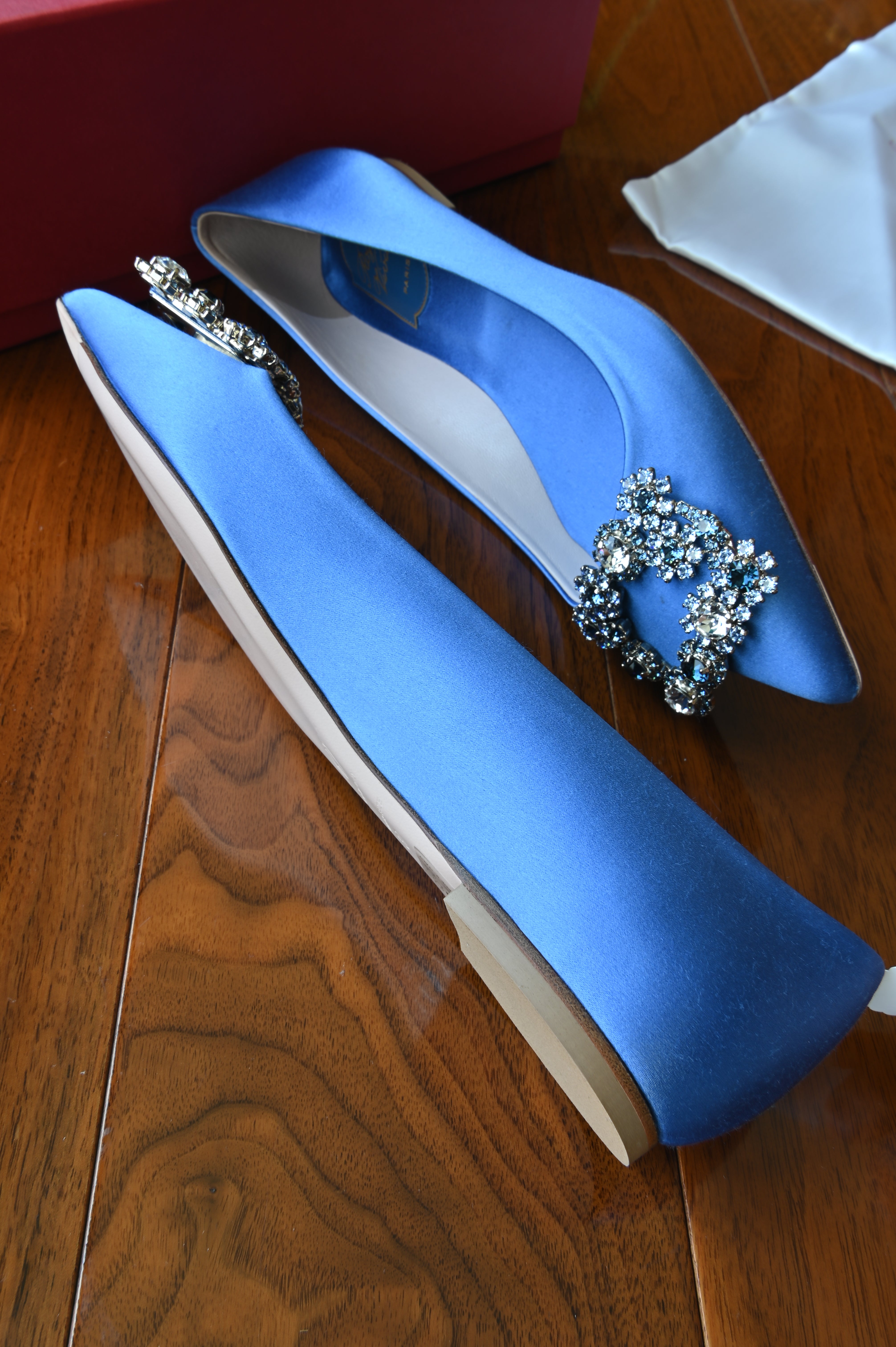 Roger Vivier Blue Satin Crystal Buckle Pumps side two