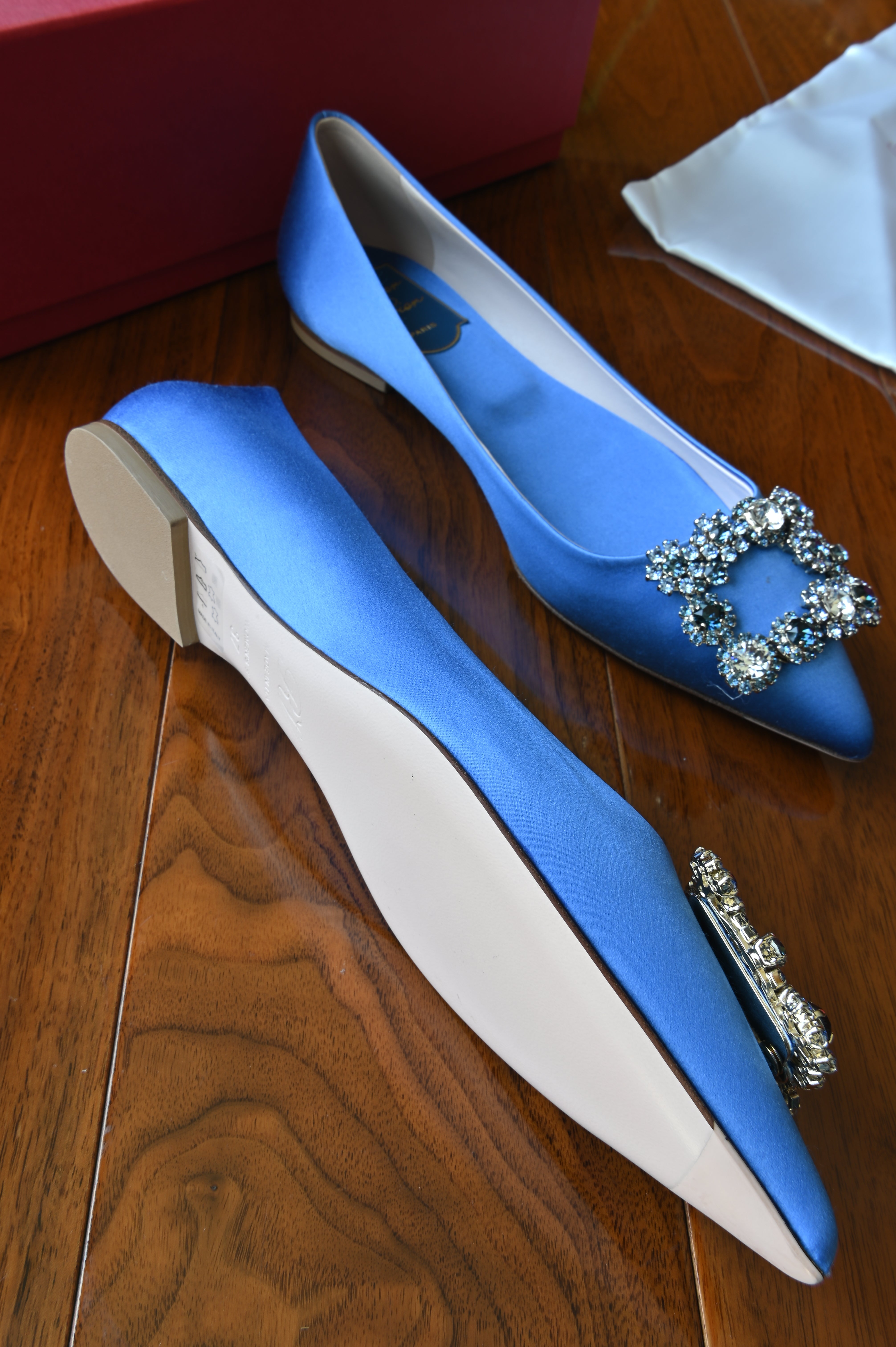 Roger Vivier Blue Satin Crystal Buckle Pumps left