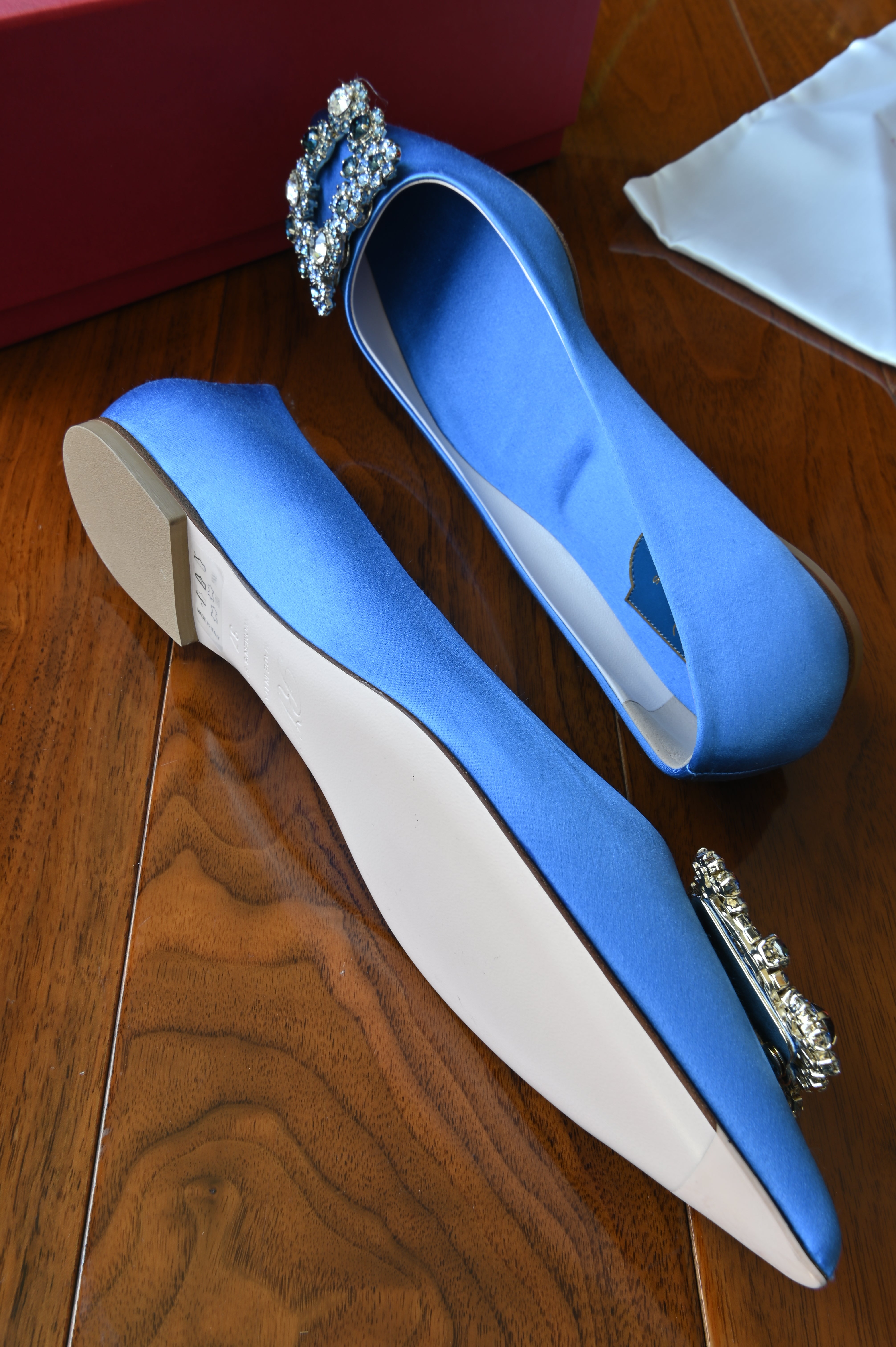 Roger Vivier Blue Satin Crystal Buckle Pumps side