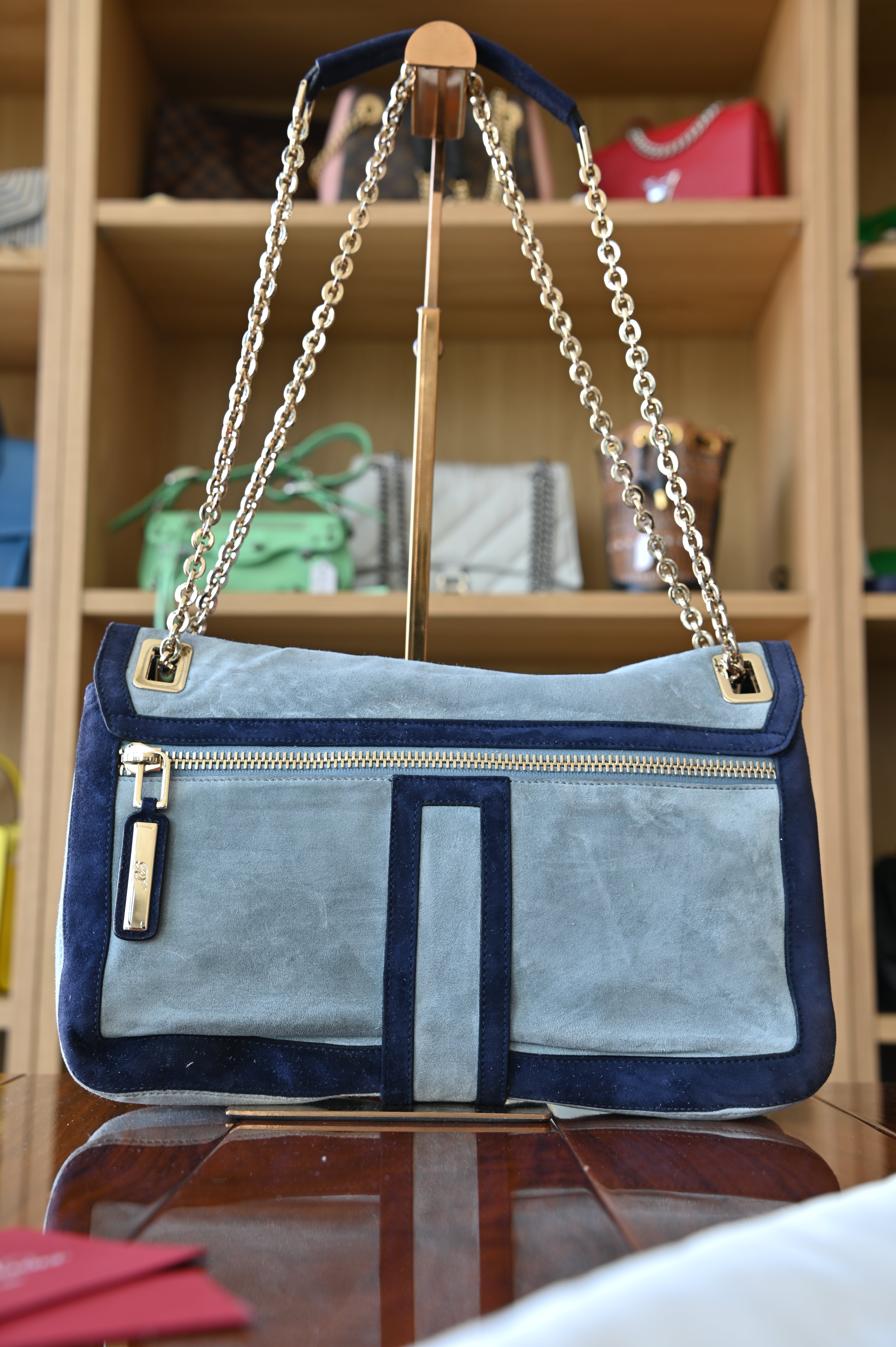 Roger Vivier Blue Suede Gold Buckle Shoulder Bag back