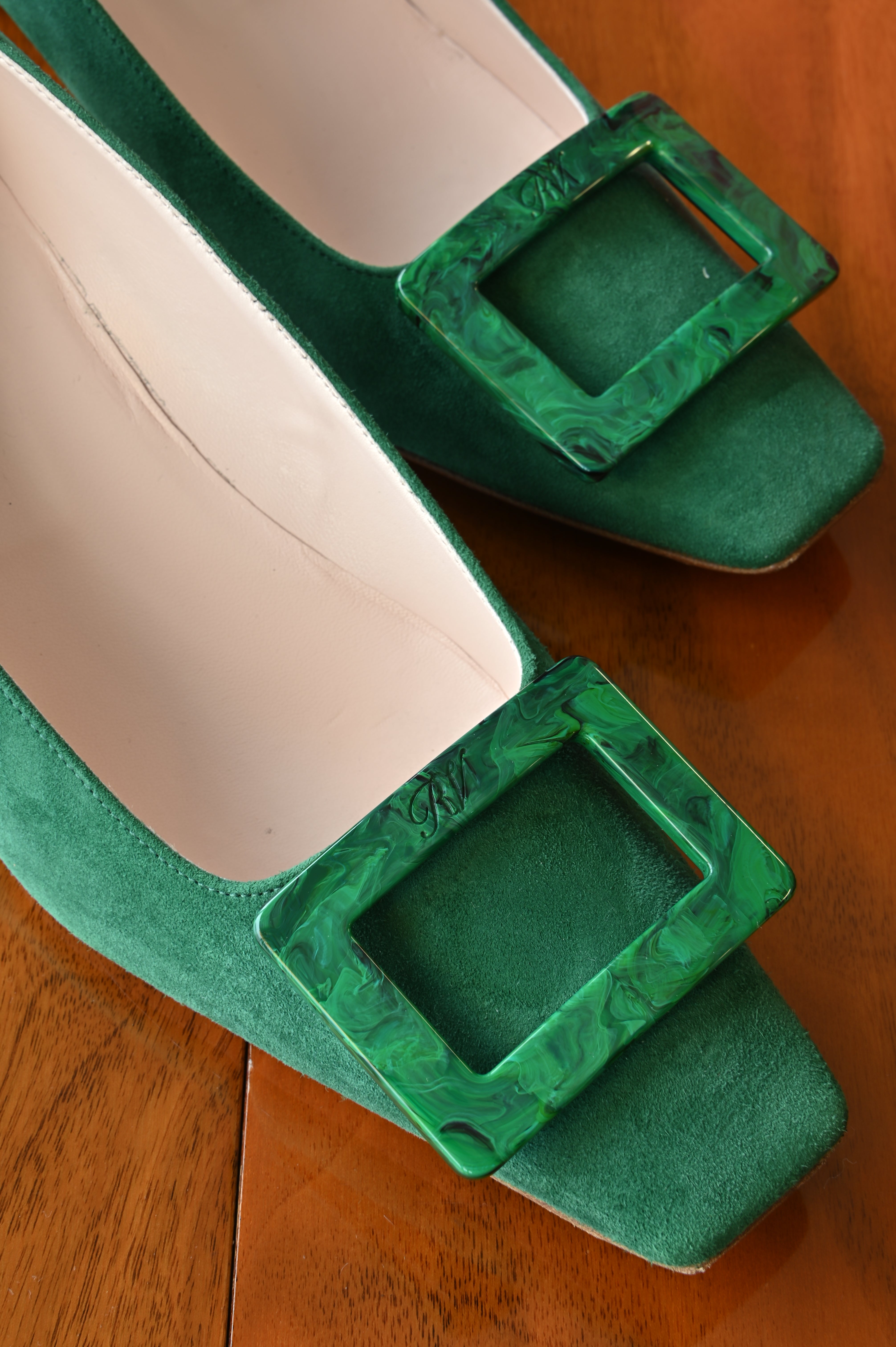 Roger Vivier Emerald Green Suede Stone Buckle Pumps front