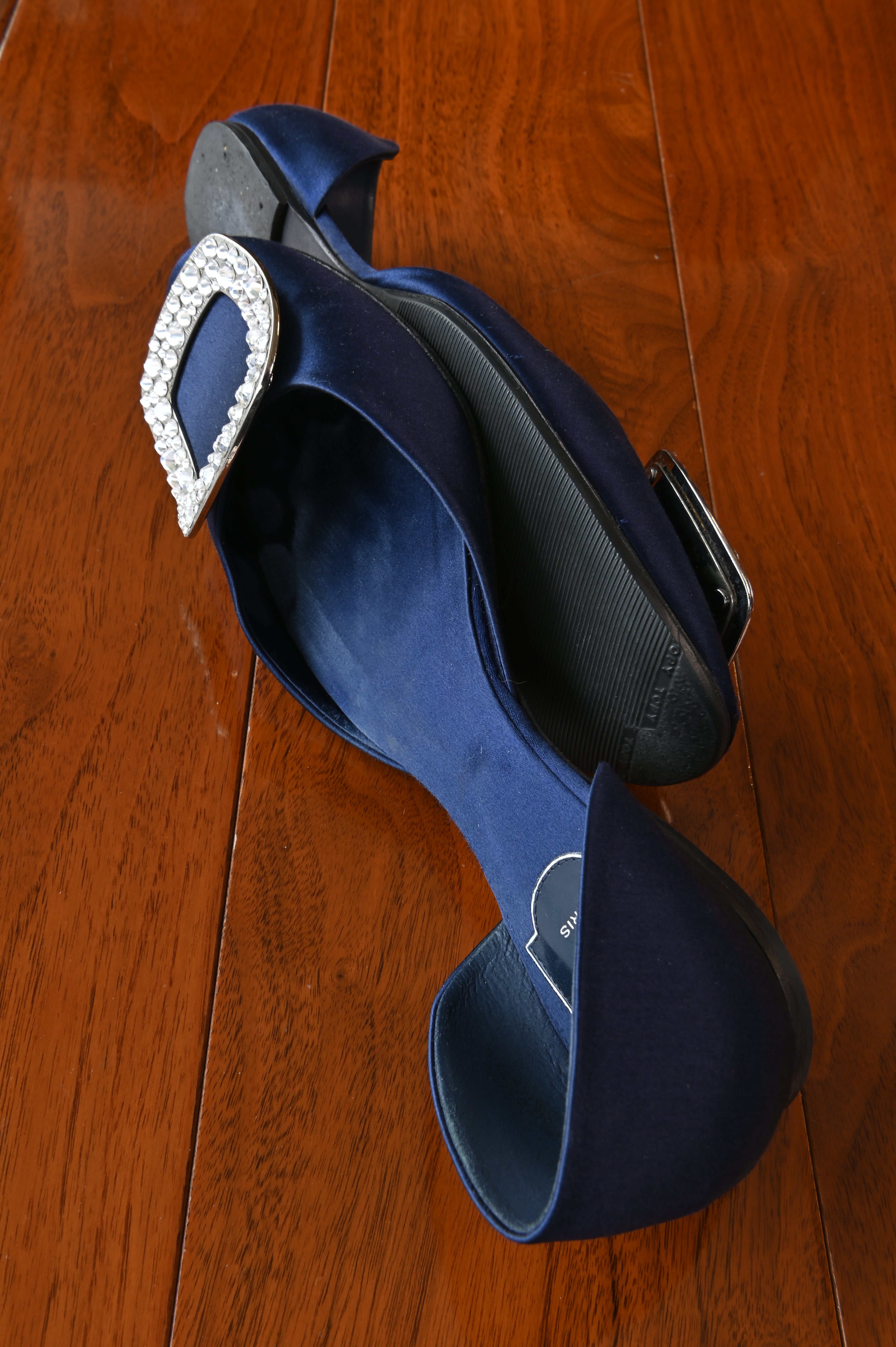 Roger Vivier Navy Blue Satin Crystal Embellished Mules side