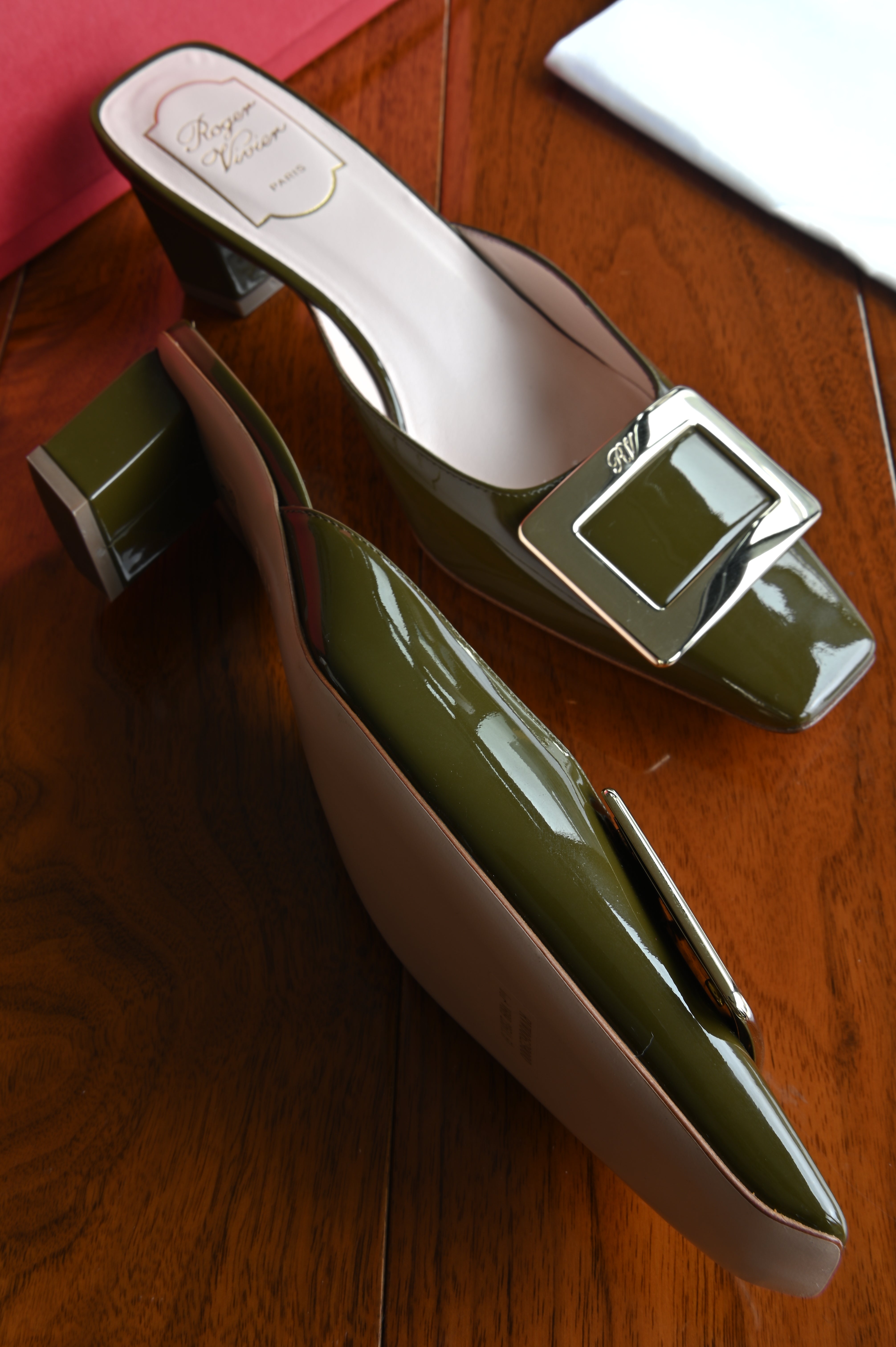Roger Vivier Olive Green Mules Heels left