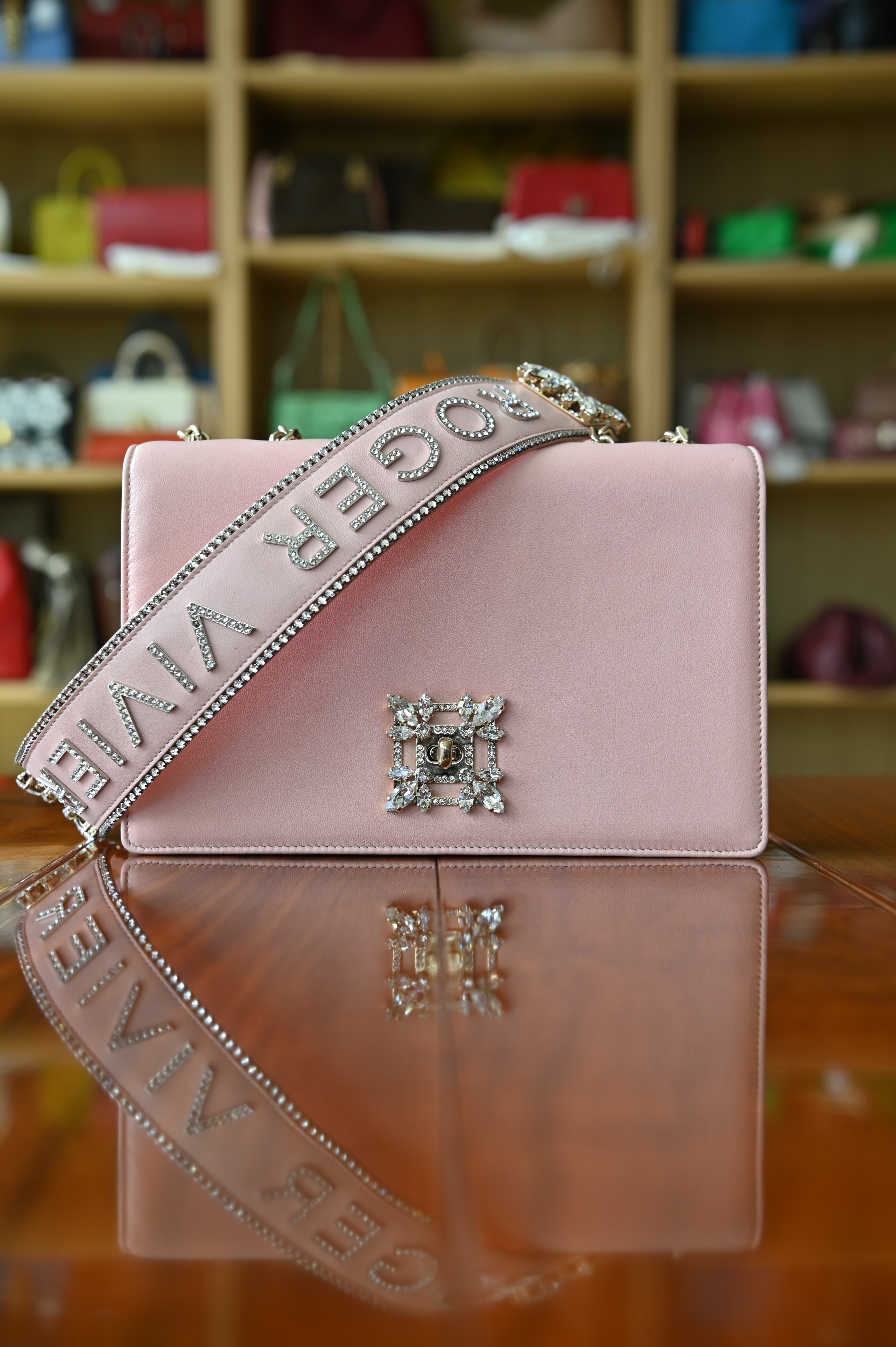 Roger Vivier Pink Miss Vivier Strass Buckle Shoulder Bag strap