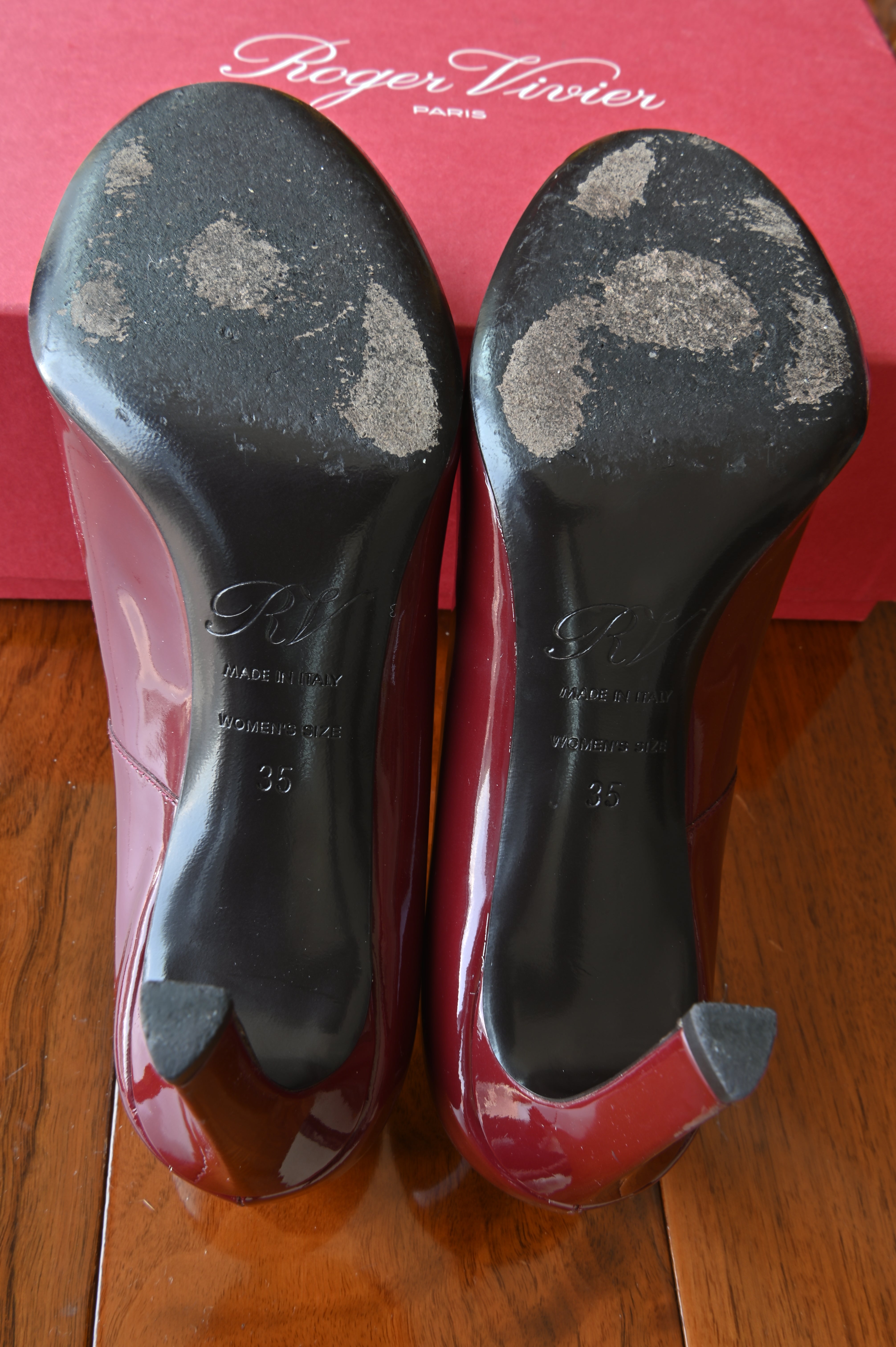 Roger Vivier Red Patent Gold Buckle Pumps bottom