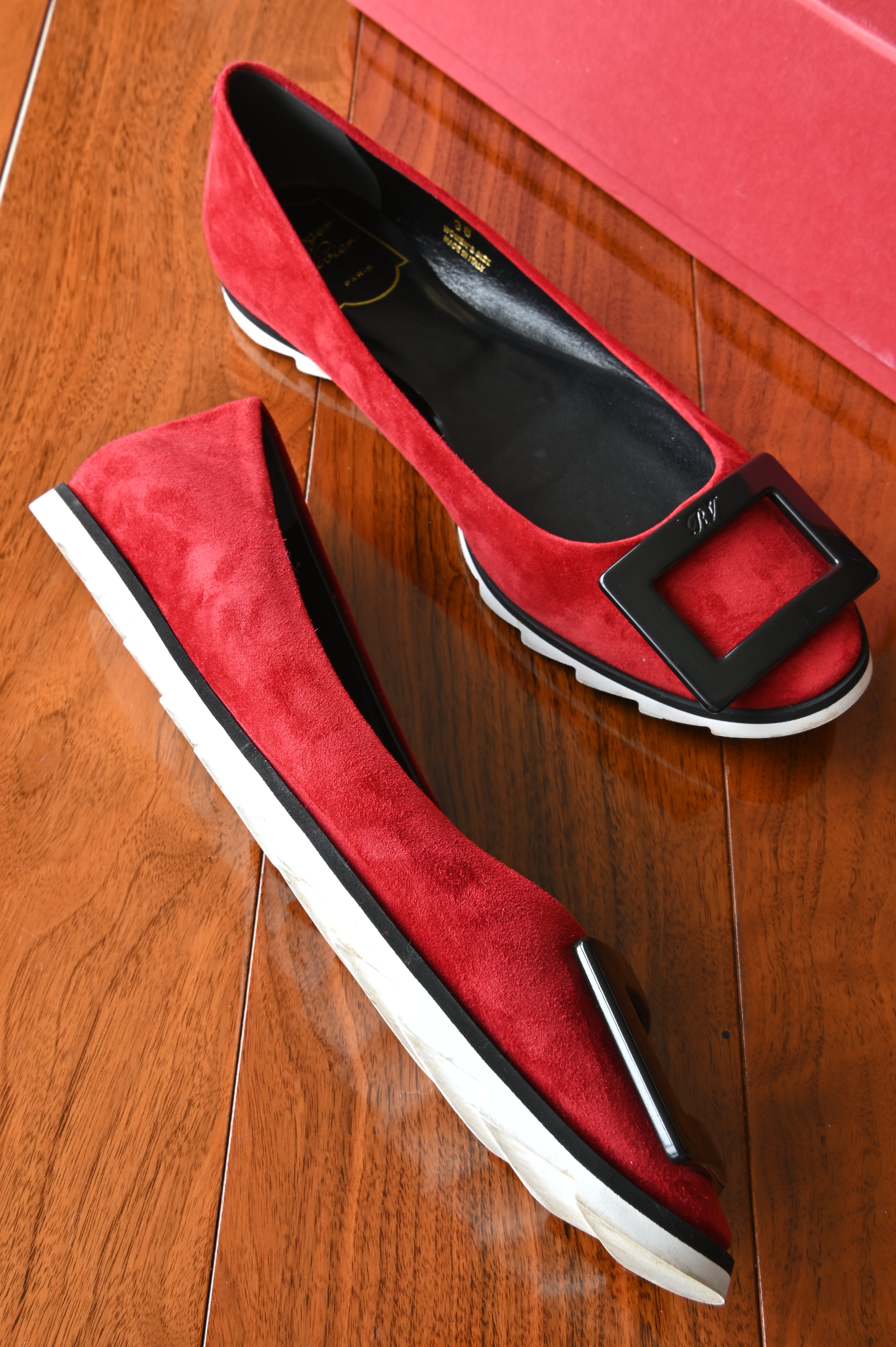 Roger Vivier Red Suede Buckle Ballerina Flats left