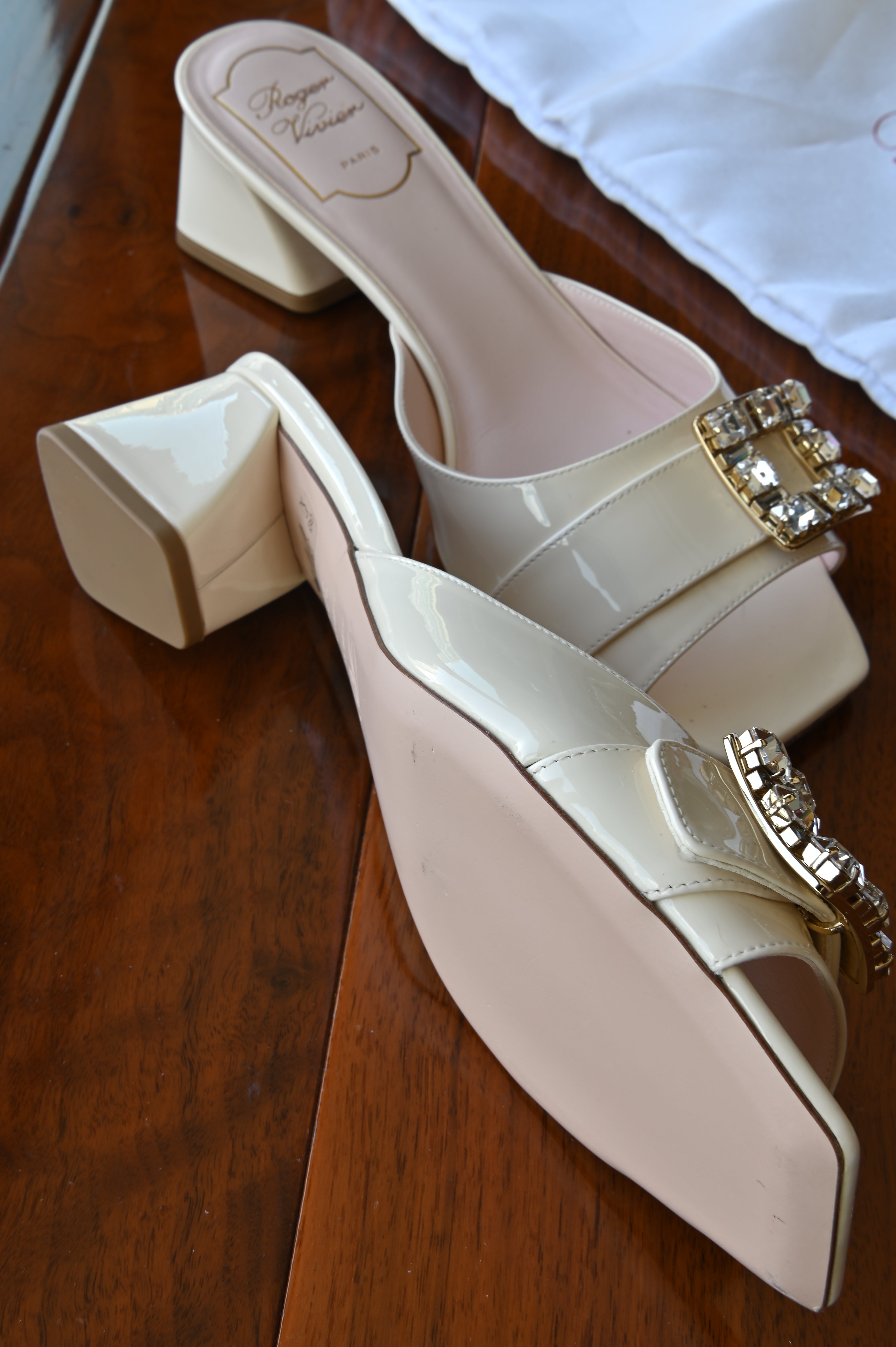 Roger Vivier White Cream Crystal Mules left