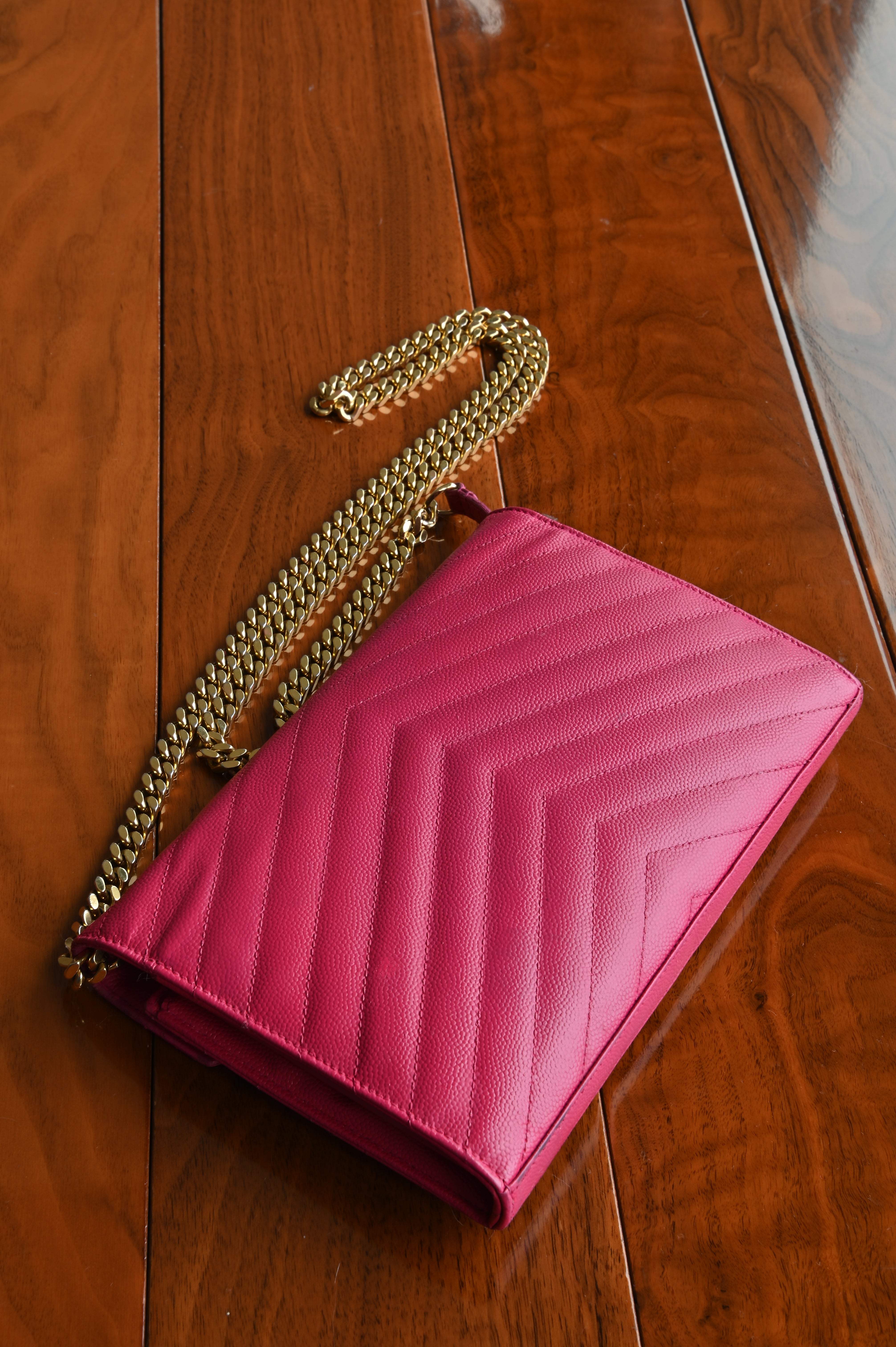 SAINT LAURENT Pink Cassandre Envelope Chain Wallet in Lambskin back