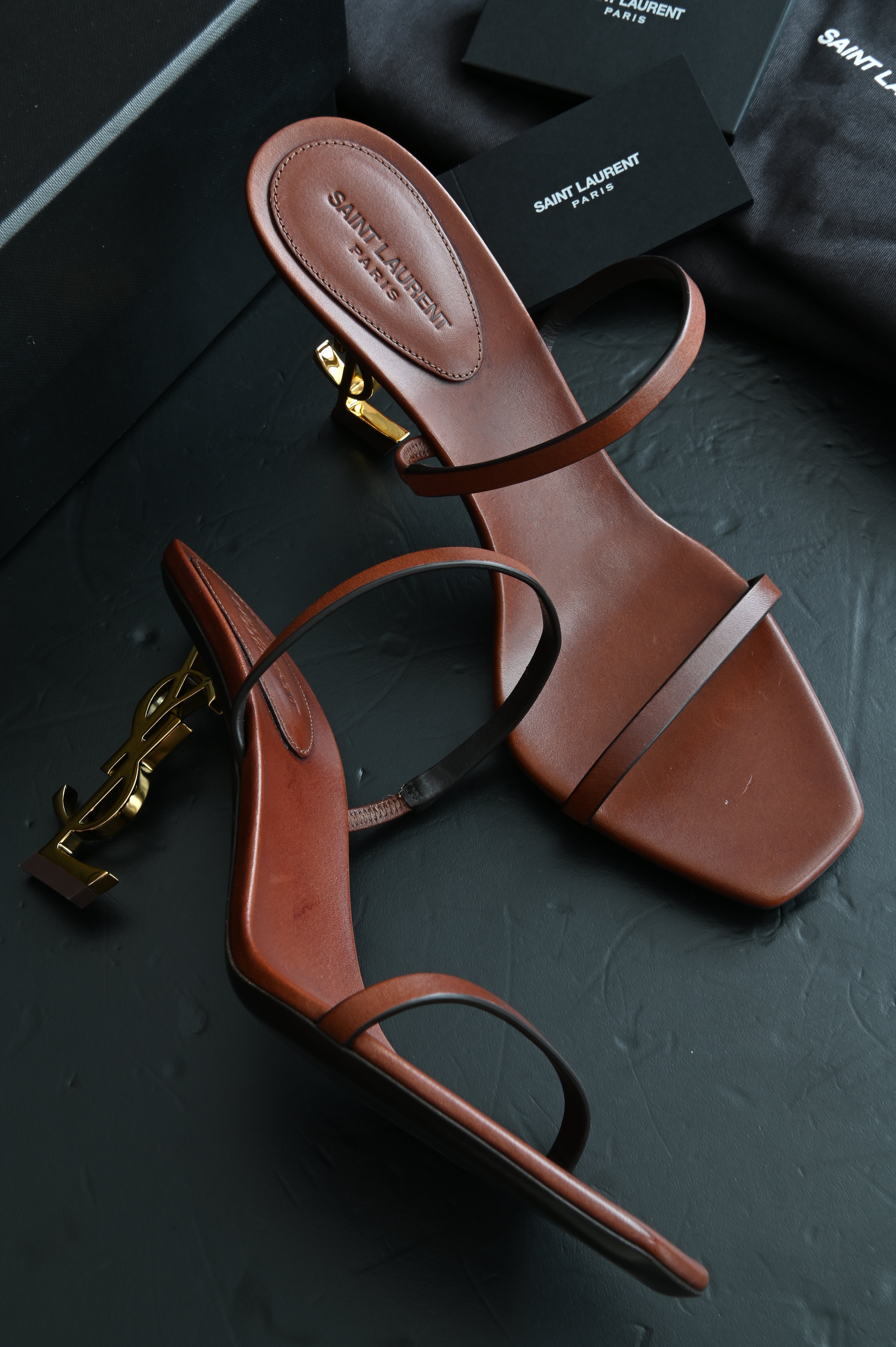 Saint Laurent 85mm Opyum Sandals in Tan size 38 in gold hardware