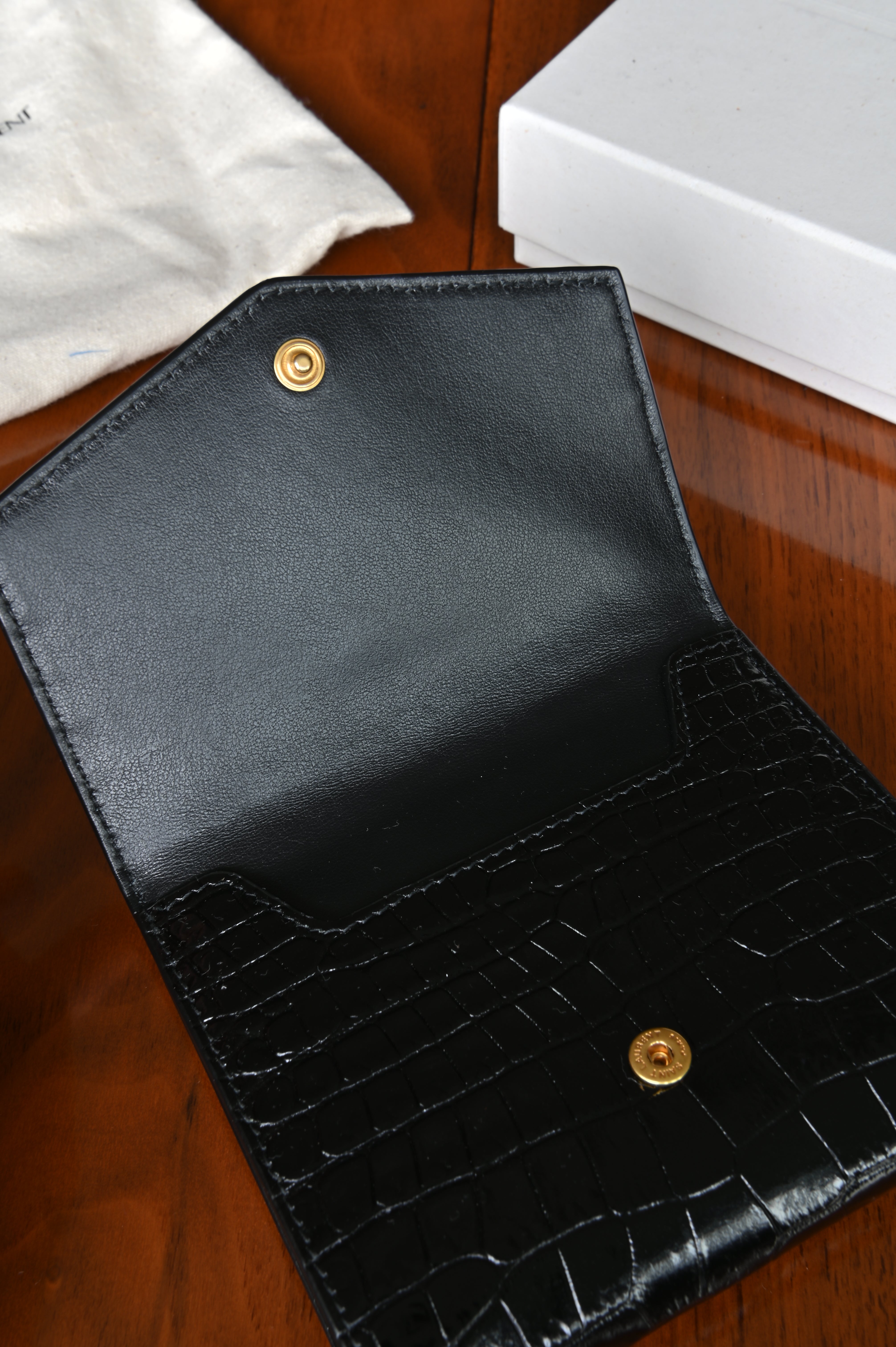 Saint Laurent Black UPTOWN Compact Crocodile Embossed Wallet flap