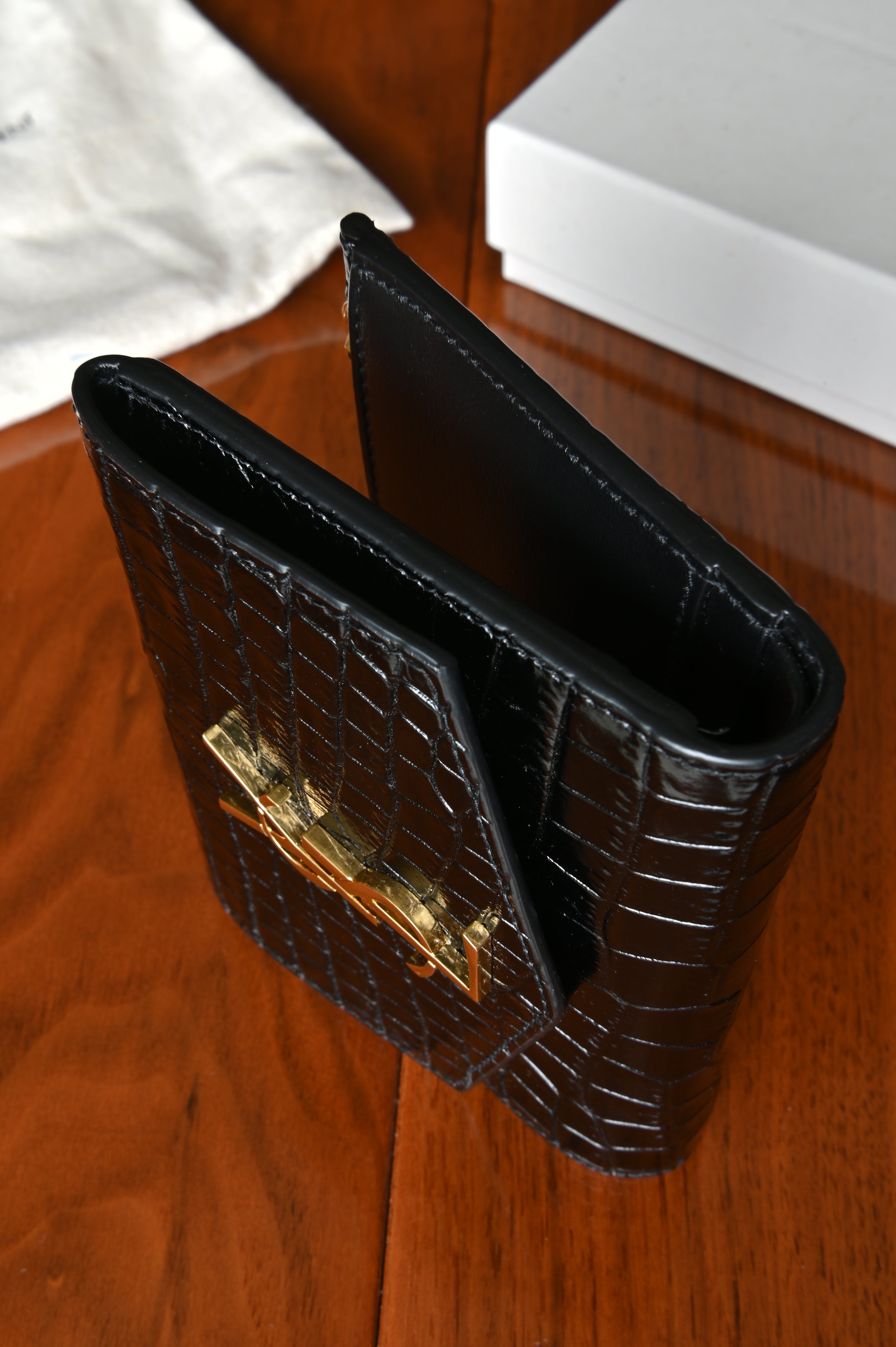 Saint Laurent Black UPTOWN Compact Crocodile Embossed Wallet side