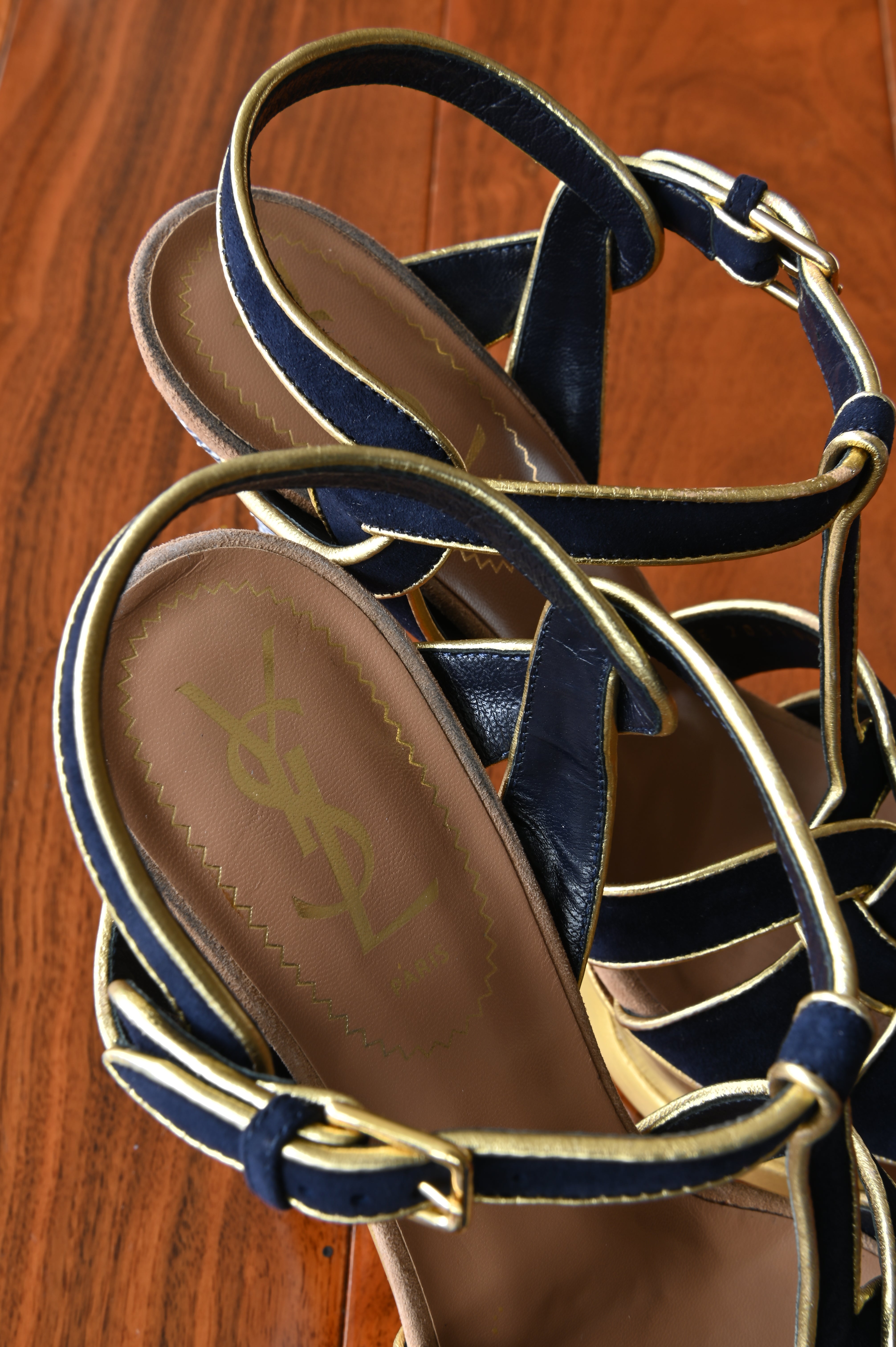 Saint Laurent TRIBUTE platform sandals in Blue Yellow leather back
