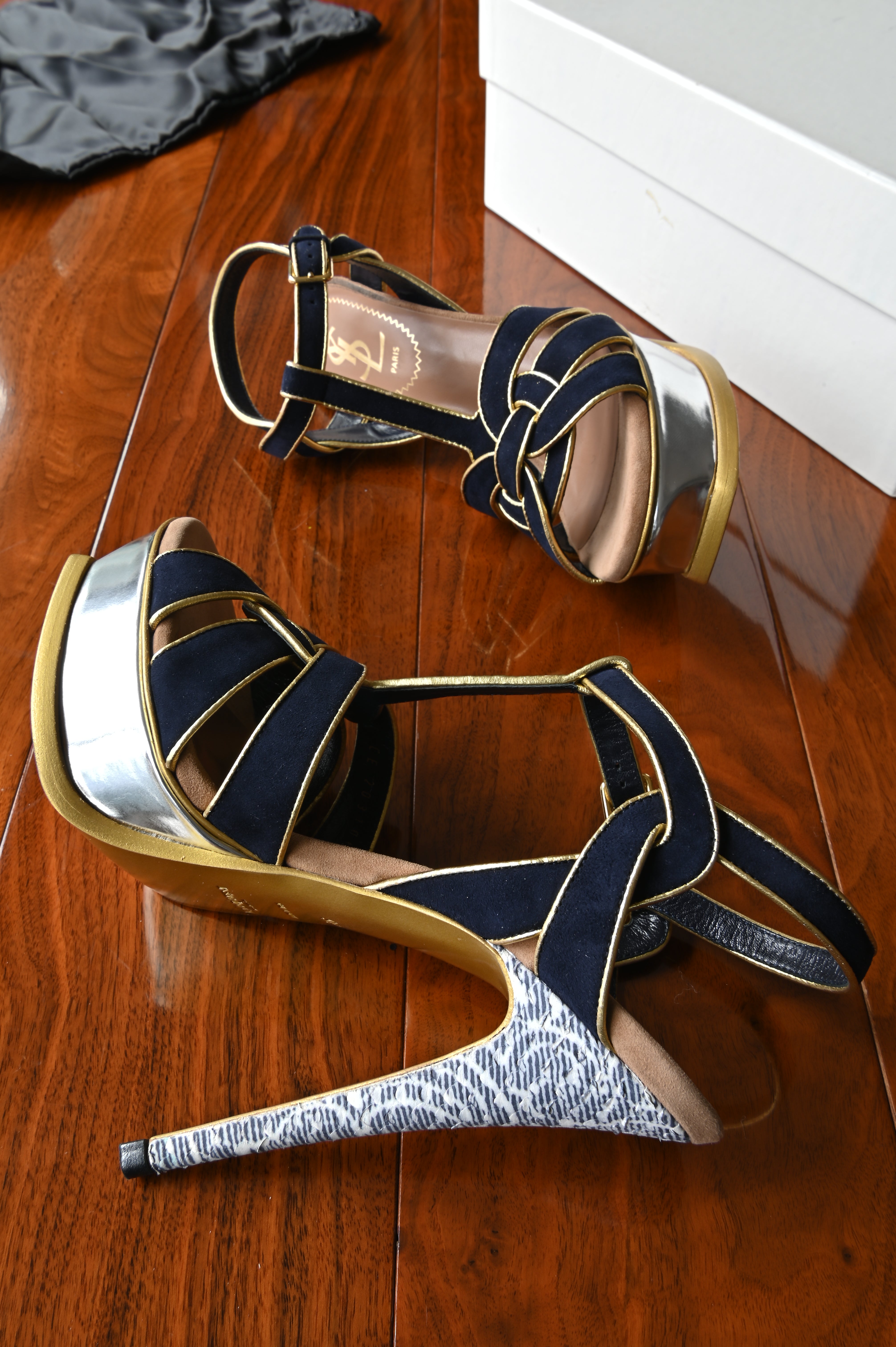 Saint Laurent TRIBUTE platform sandals in Blue Yellow leather side two