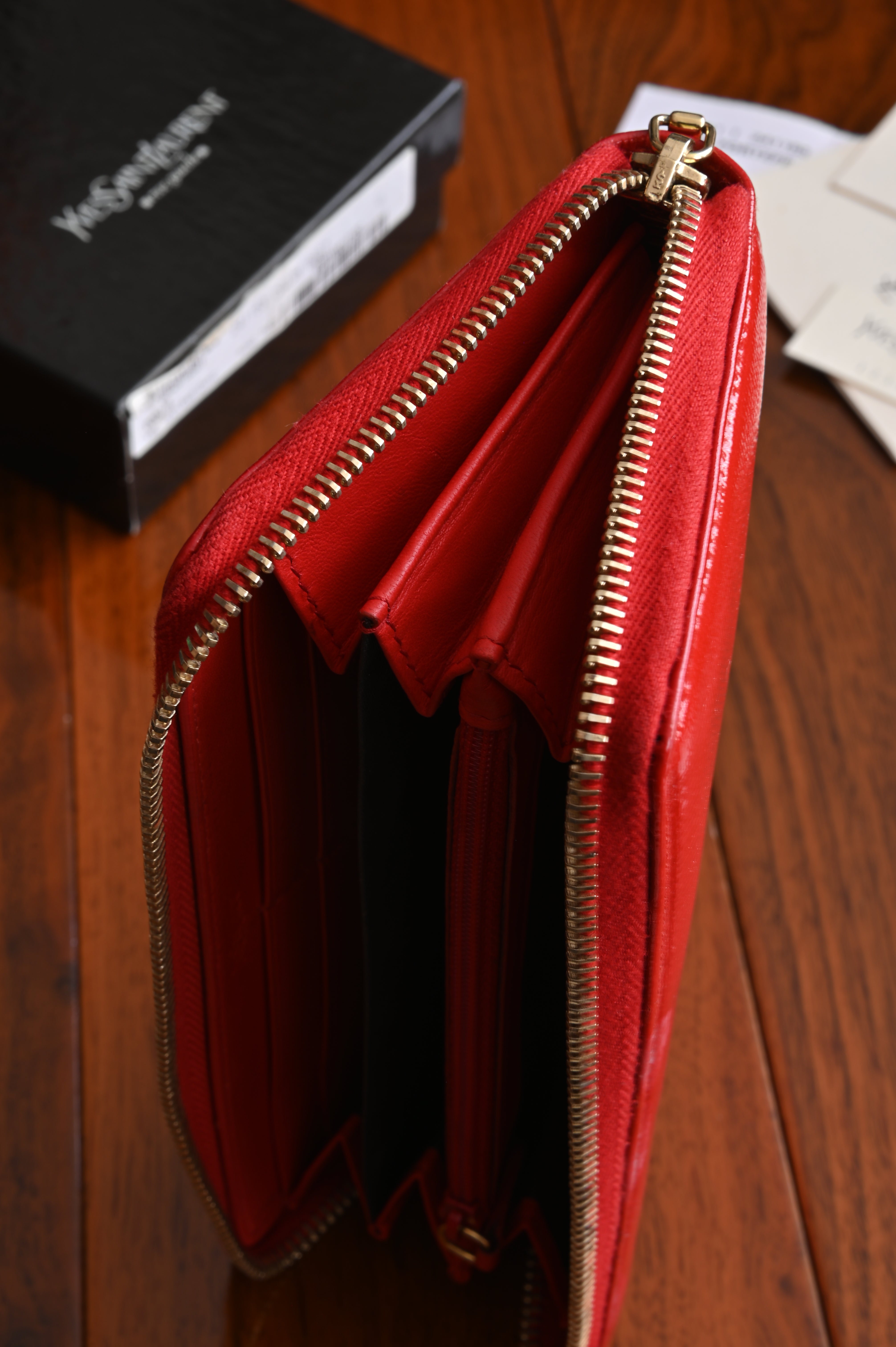 Saint Laurent Y Long Wallet in Red patent open