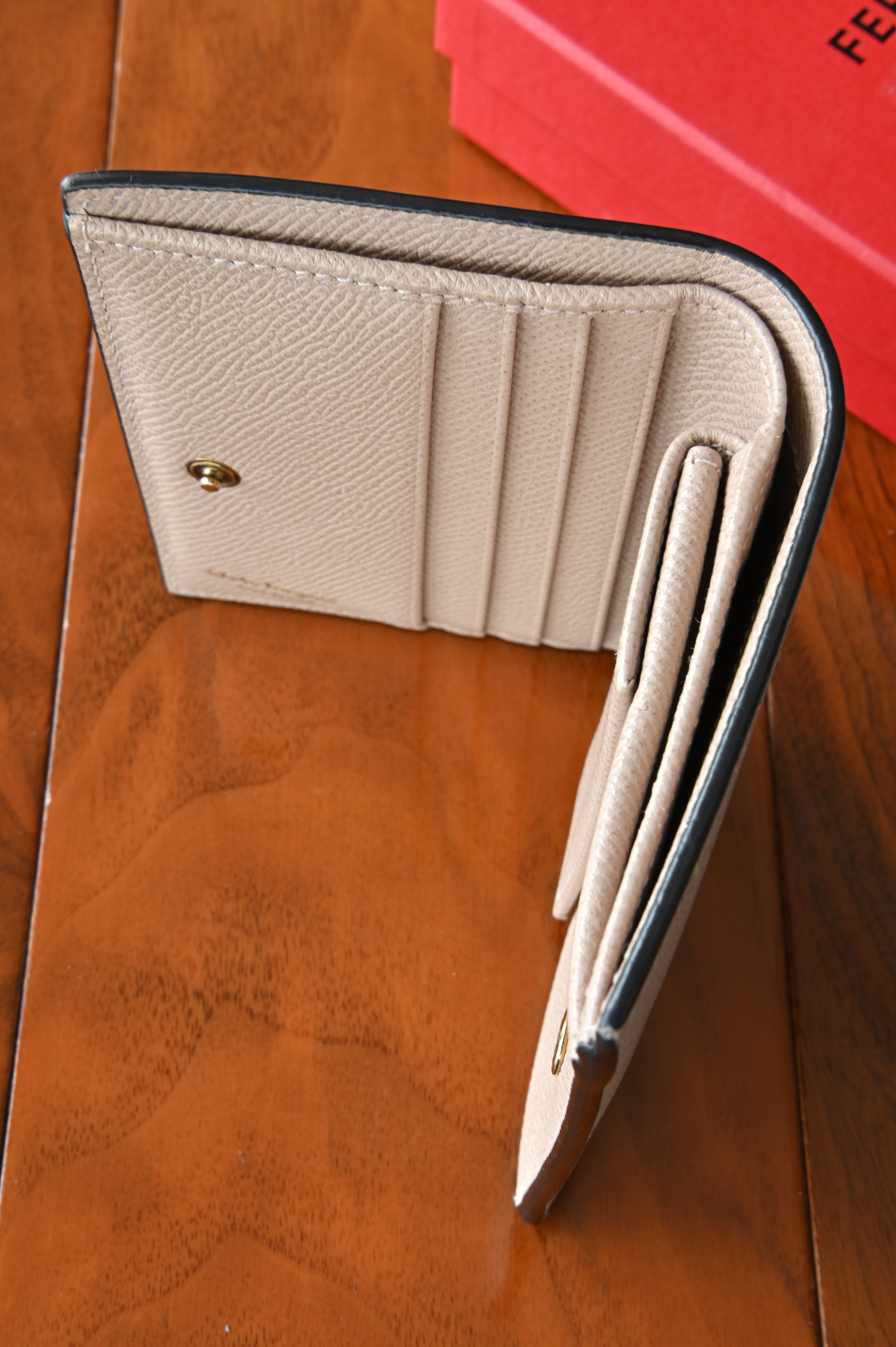 Salvatore Ferragamo Beige Gancini Compact Wallet open side