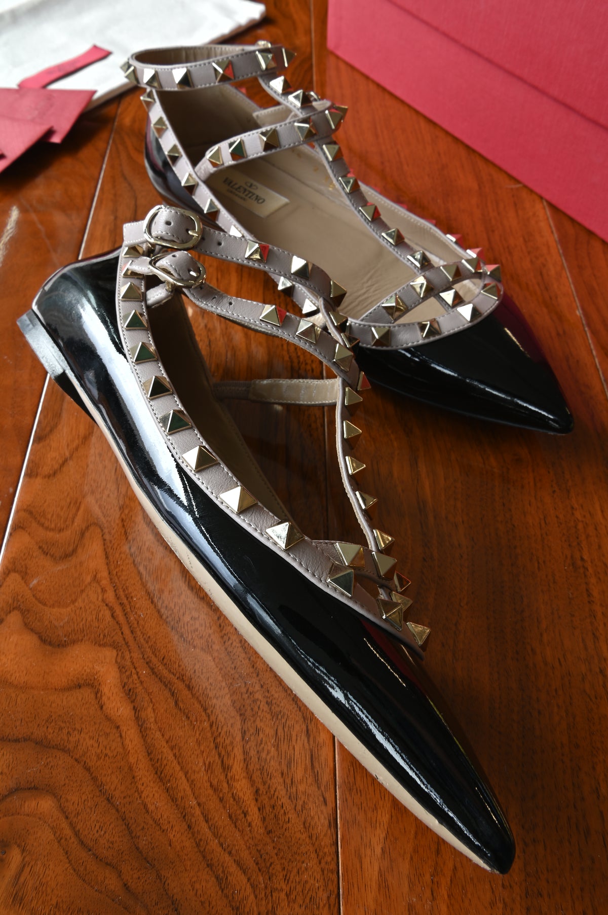 Salvatore Ferragamo Black Patent Studded Flats left