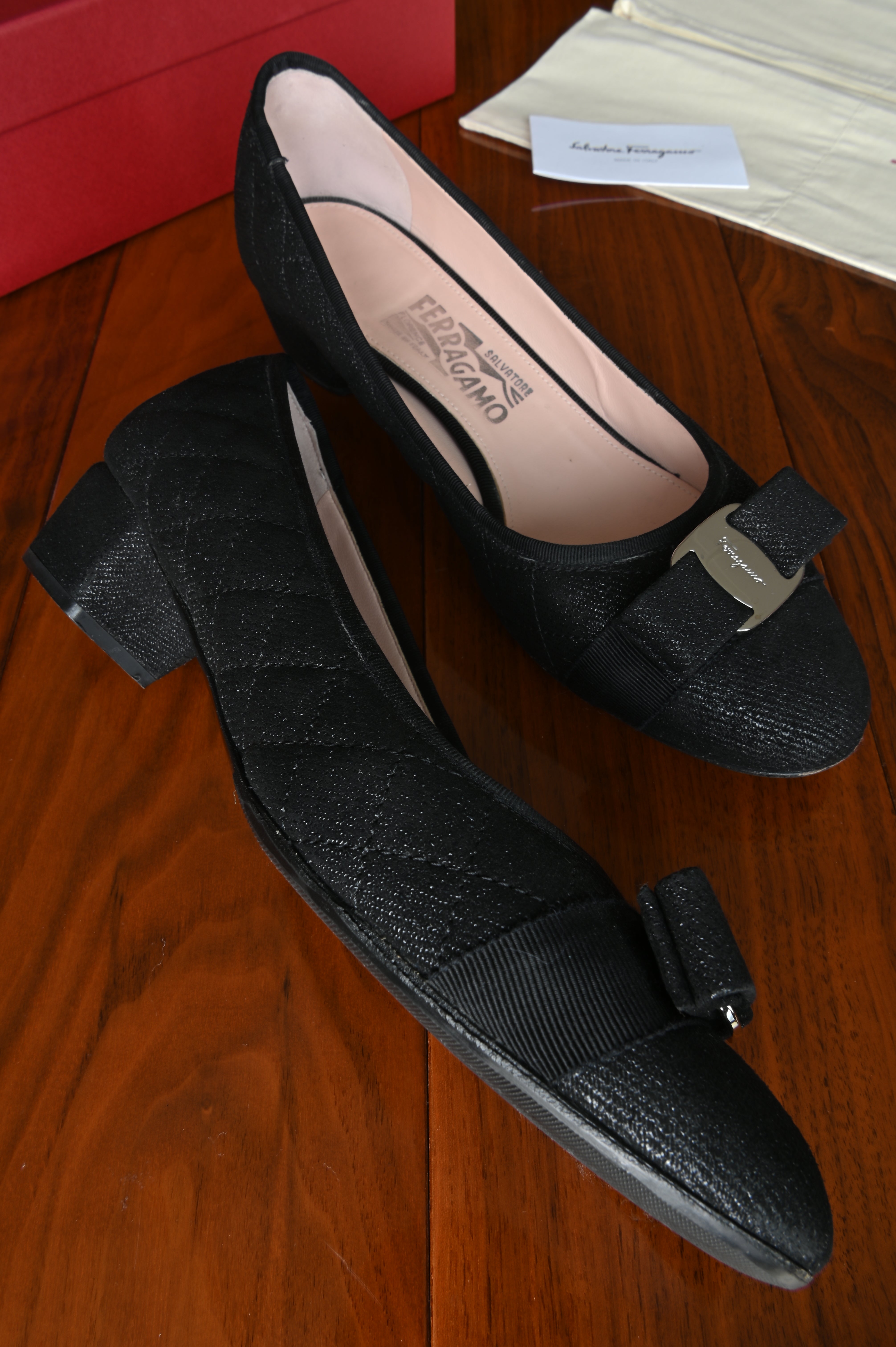 Salvatore Ferragamo Black Vara Pumps left