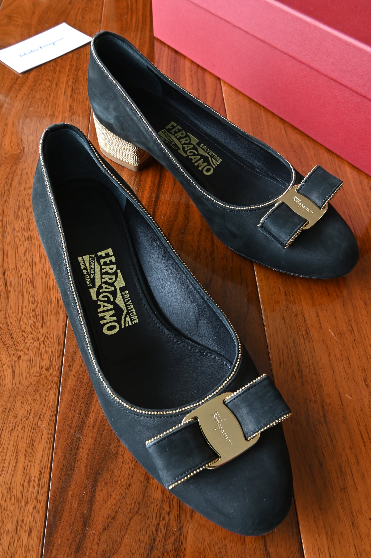 Salvatore Ferragamo Black Velvet Vara Pumps in Gold Hardware