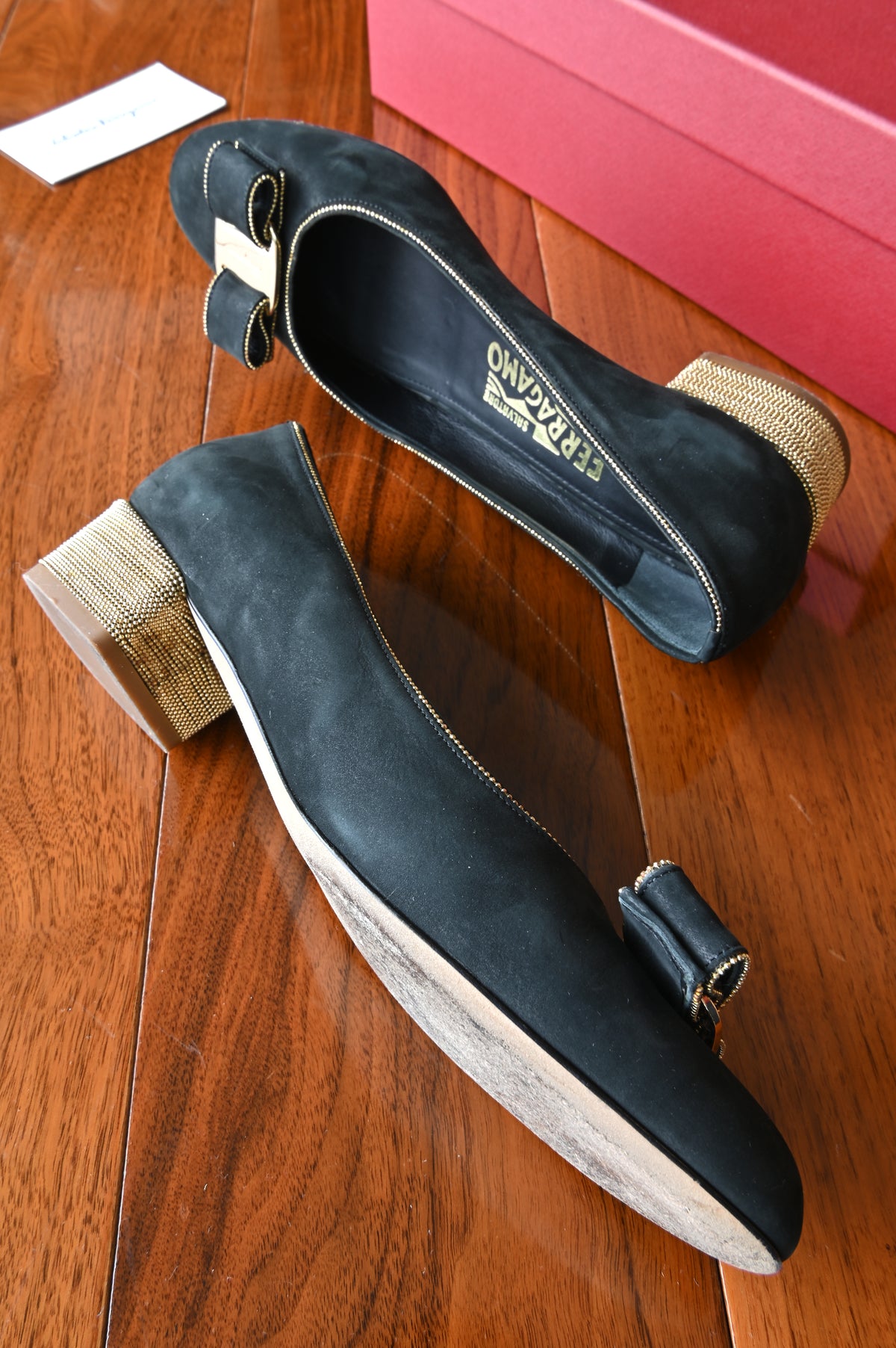 Salvatore Ferragamo Black Velvet Vara Pumps in Gold Hardware side